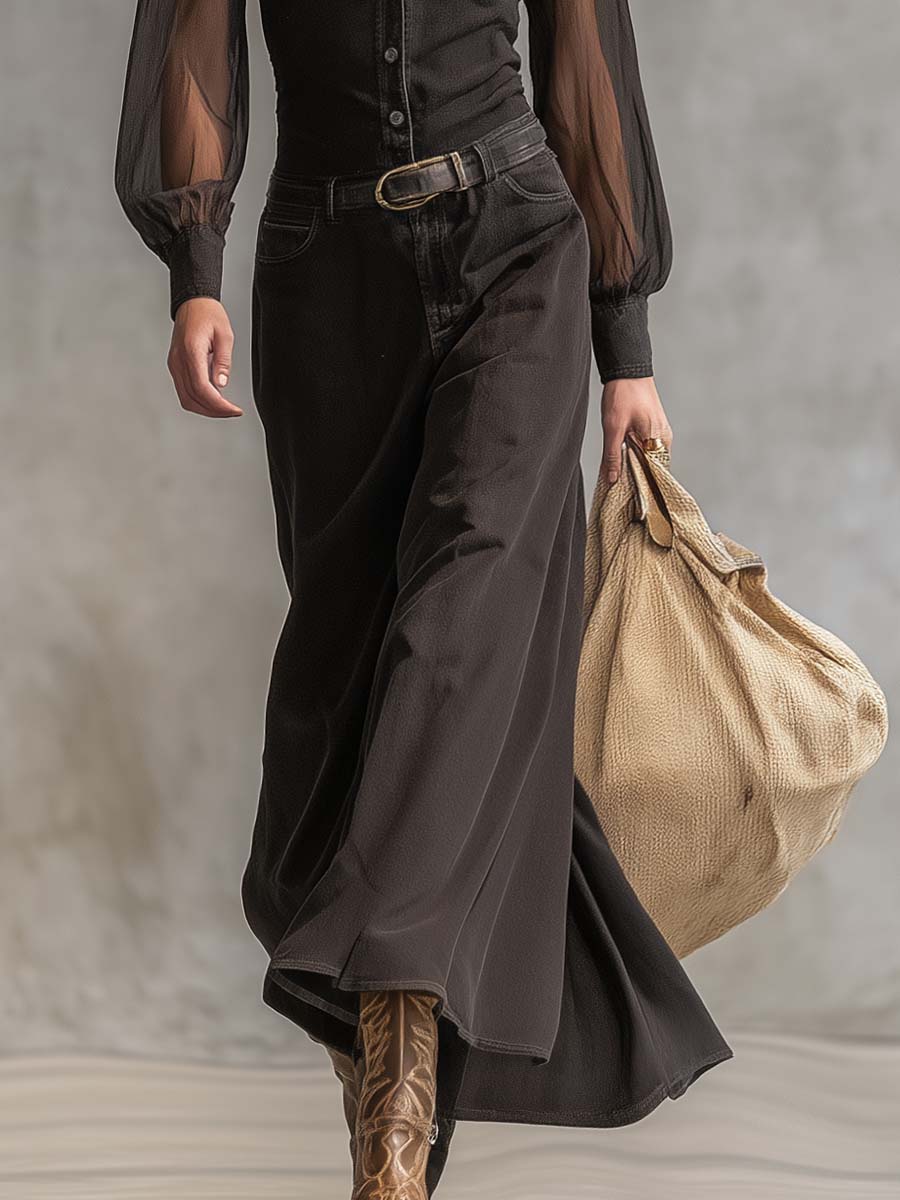 Anna-Berg | Black Denim V-Neck Casual Dress