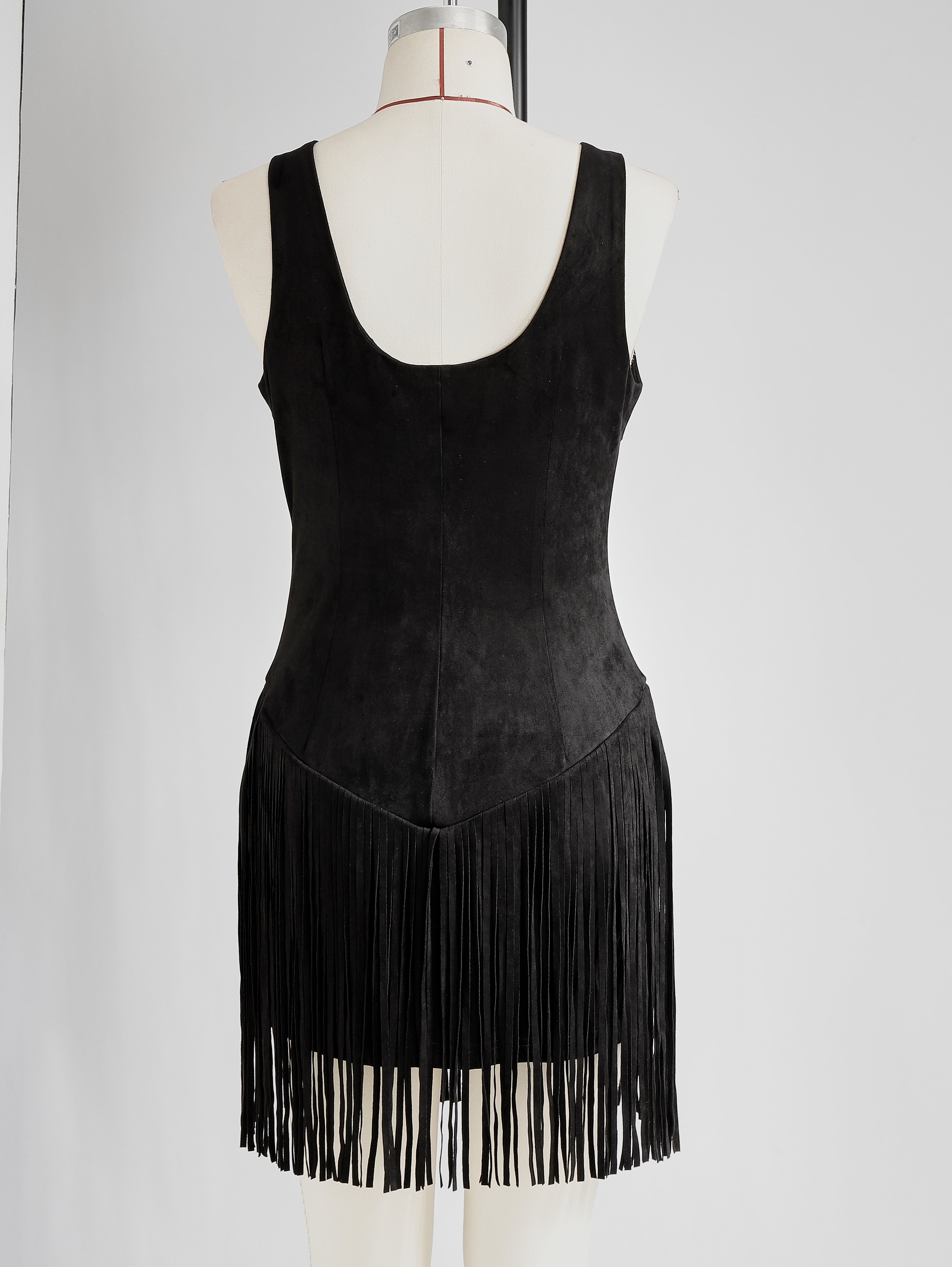 Anna-Berg | Black Faux Suede V-Neck Casual Dress
