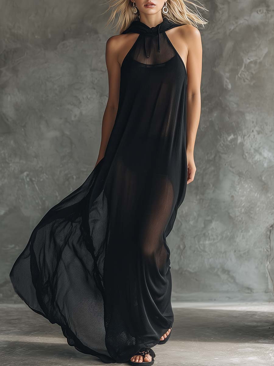 Anna-Berg | Black Mesh Hooded Dress