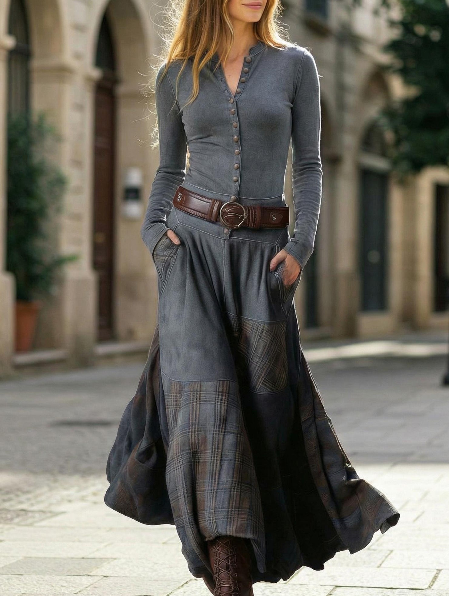 Anna-Berg | Suede Plaid Patchwork Retro-Style Dress