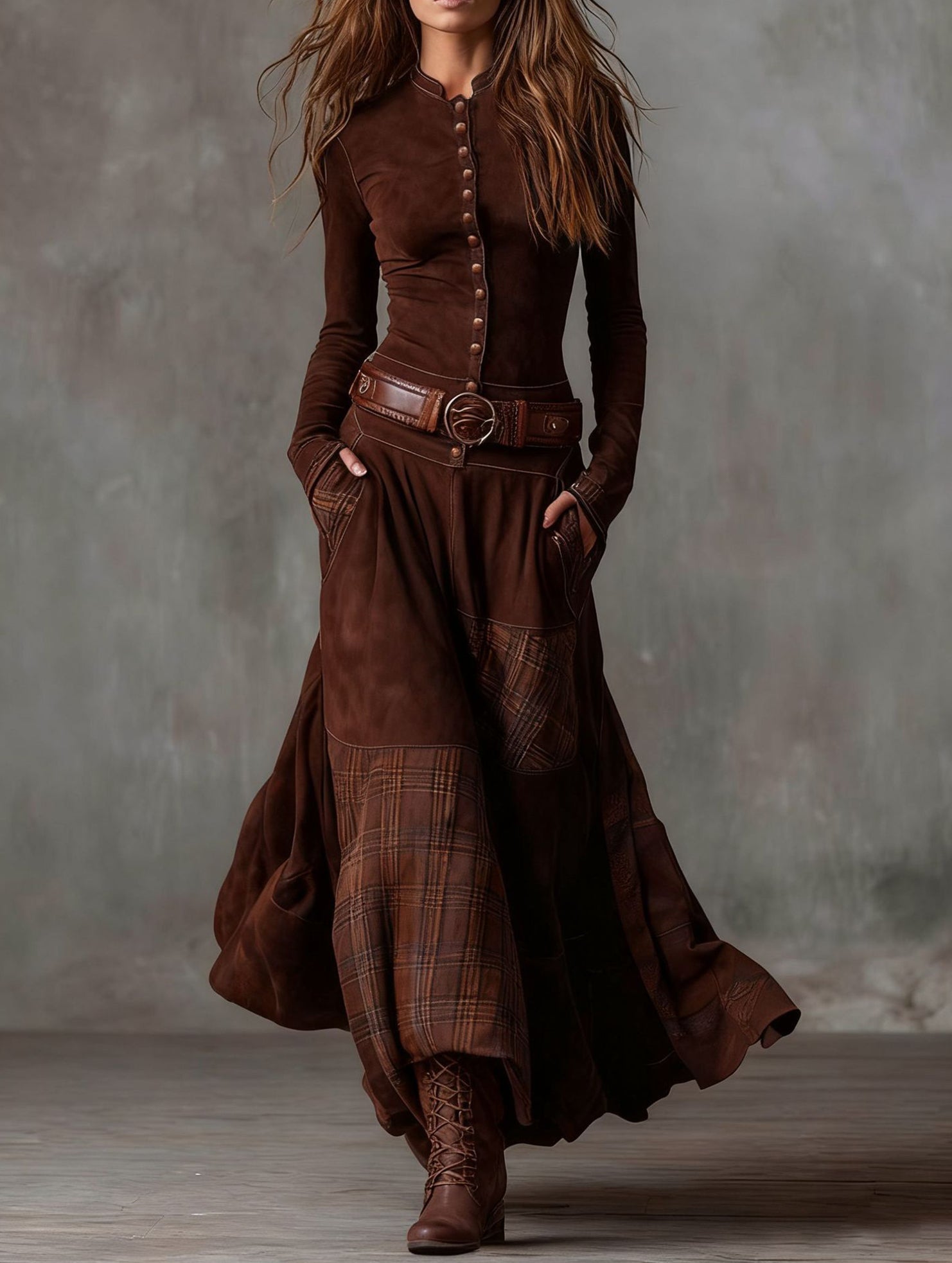 Anna-Berg | Suede Plaid Patchwork Retro-Style Dress