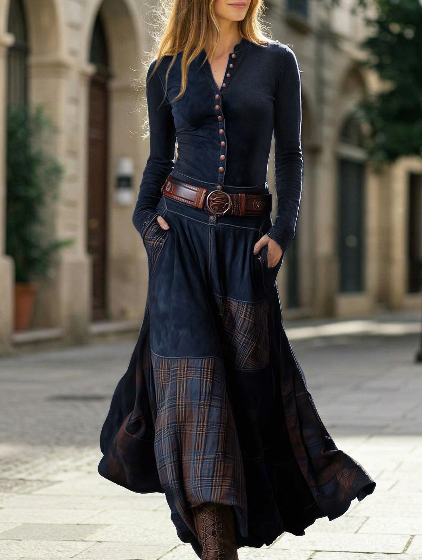 Anna-Berg | Suede Plaid Patchwork Retro-Style Dress