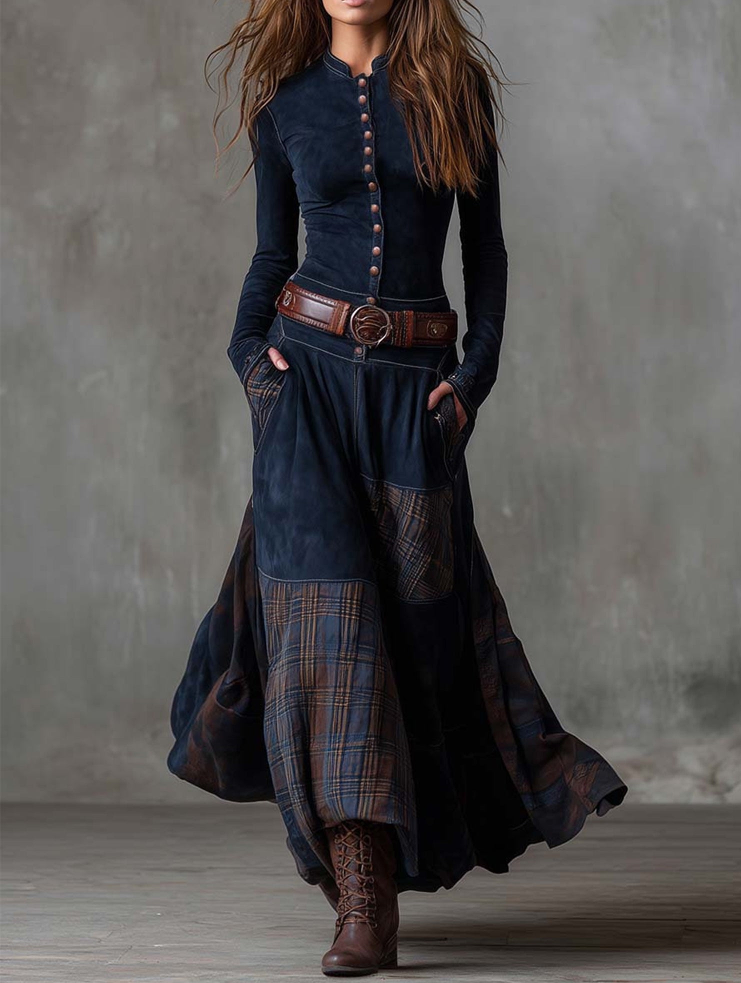 Anna-Berg | Suede Plaid Patchwork Retro-Style Dress