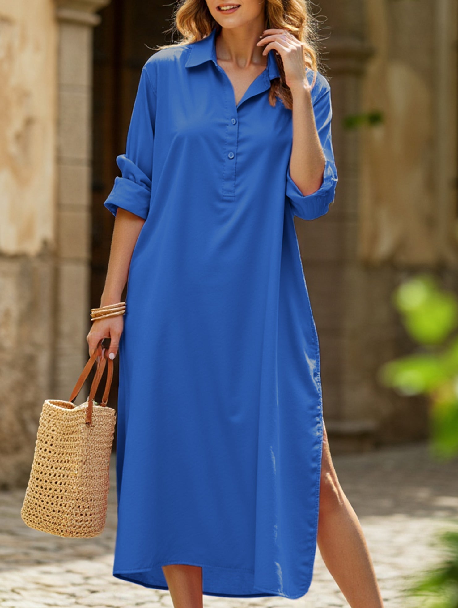 Anna-Berg | Lapel Button Side Slit Casual Dress