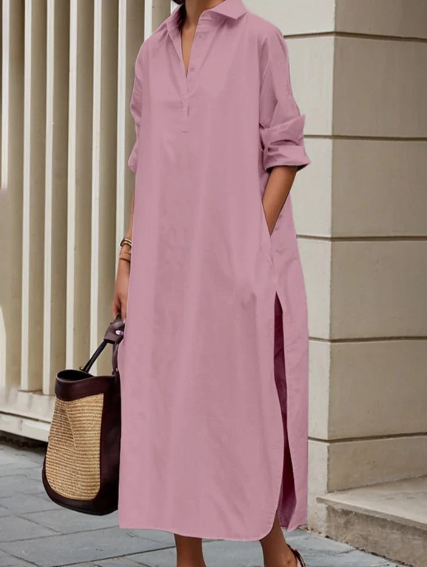 Anna-Berg | Lapel Button Side Slit Casual Dress