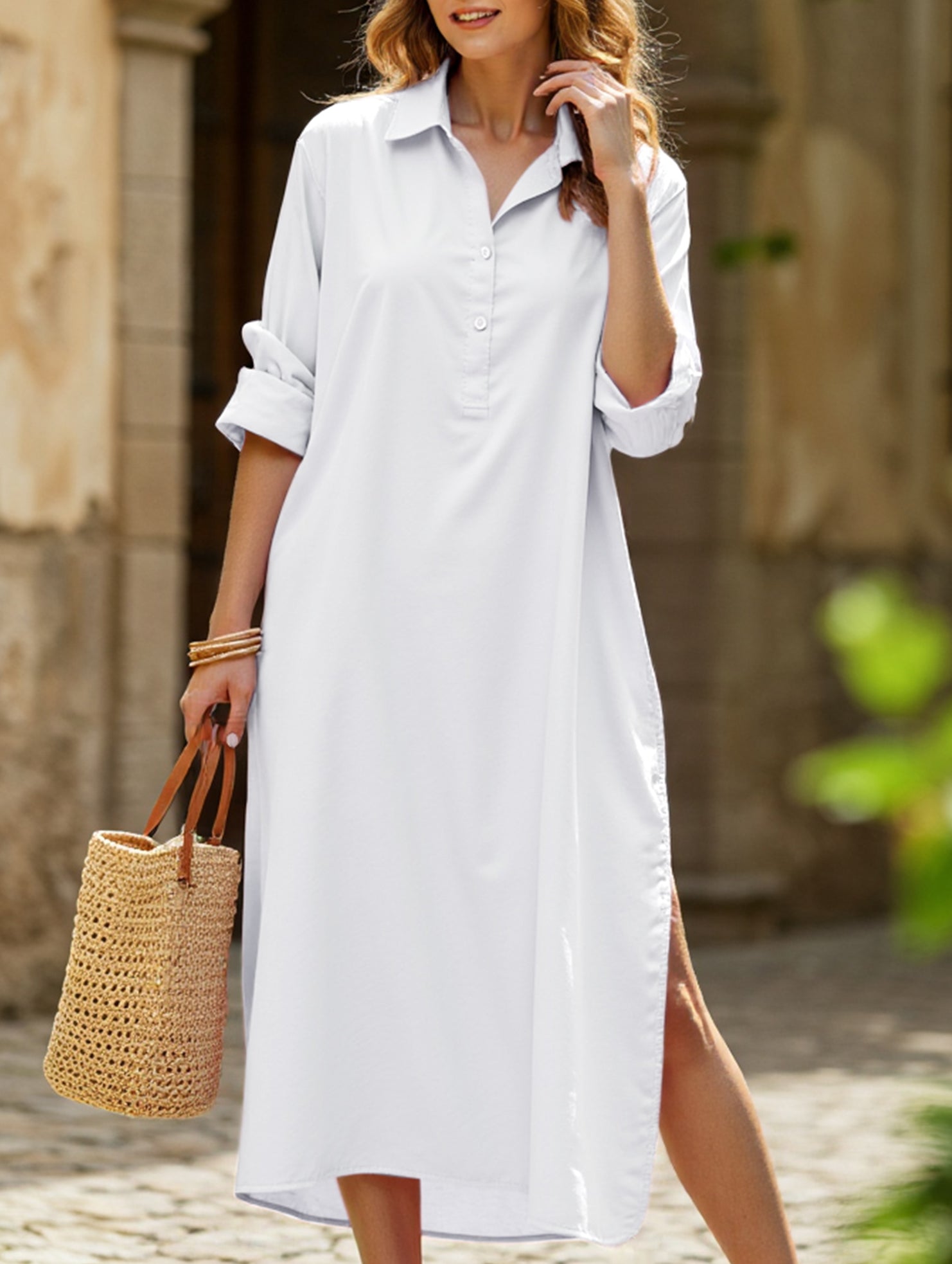 Anna-Berg | Lapel Button Side Slit Casual Dress