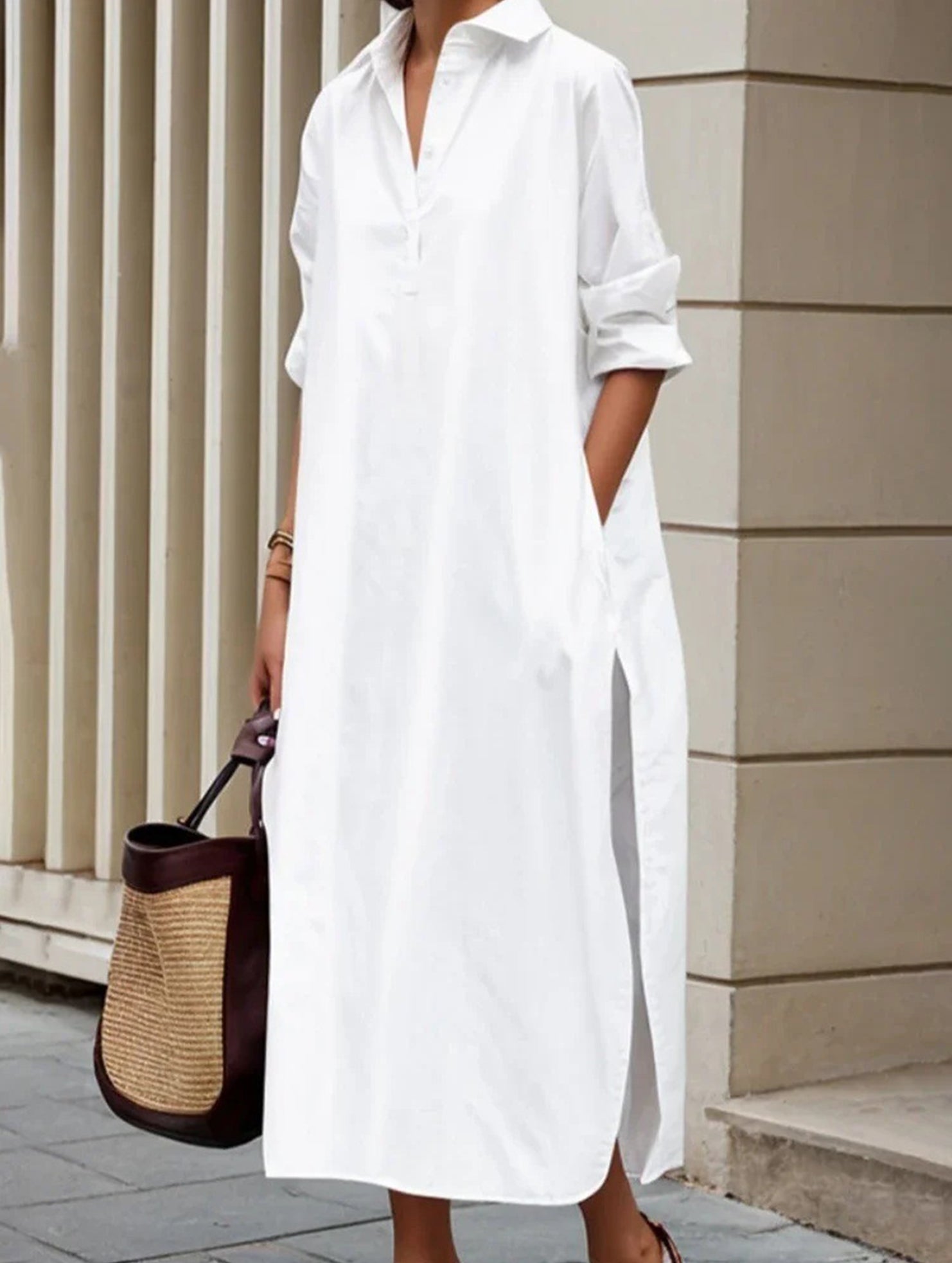 Anna-Berg | Lapel Button Side Slit Casual Dress
