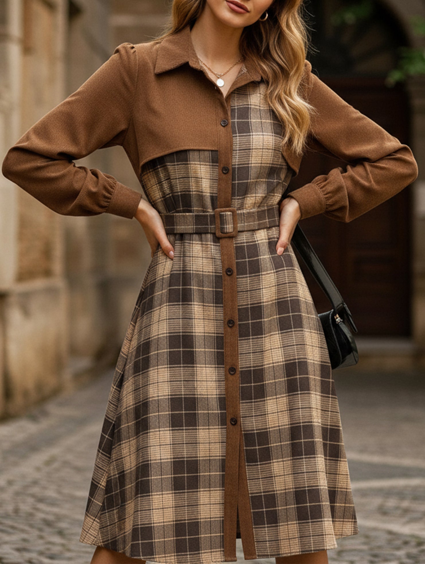 Anna-Berg | Retro-Style Shirt Collar Plaid Patchwork Dress