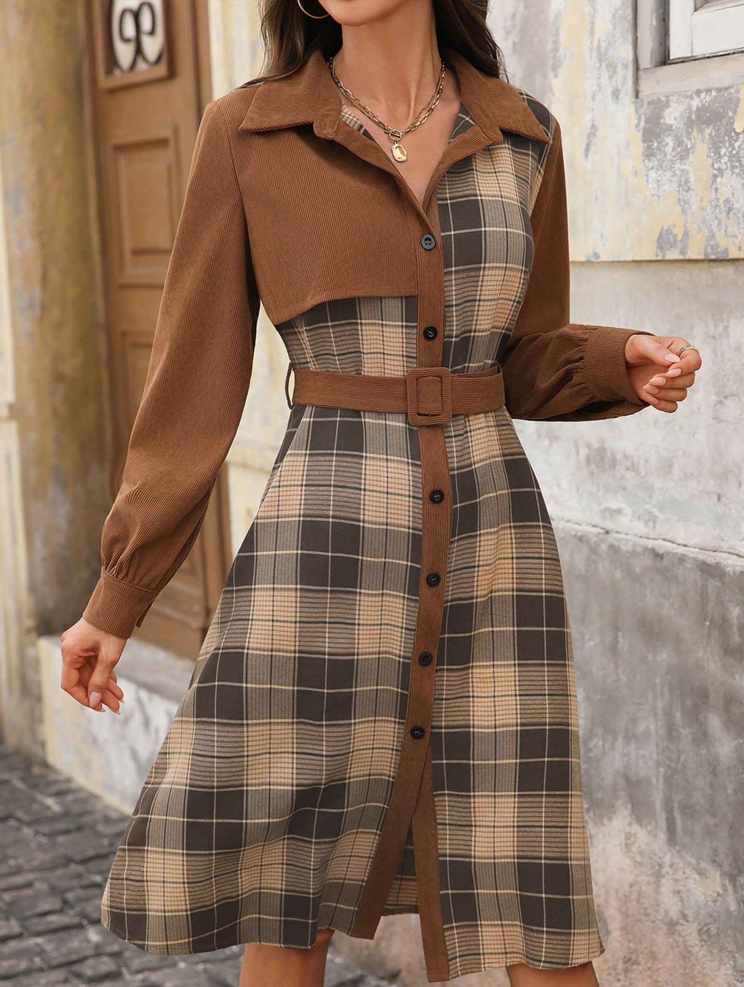 Anna-Berg | Retro-Style Shirt Collar Plaid Patchwork Dress
