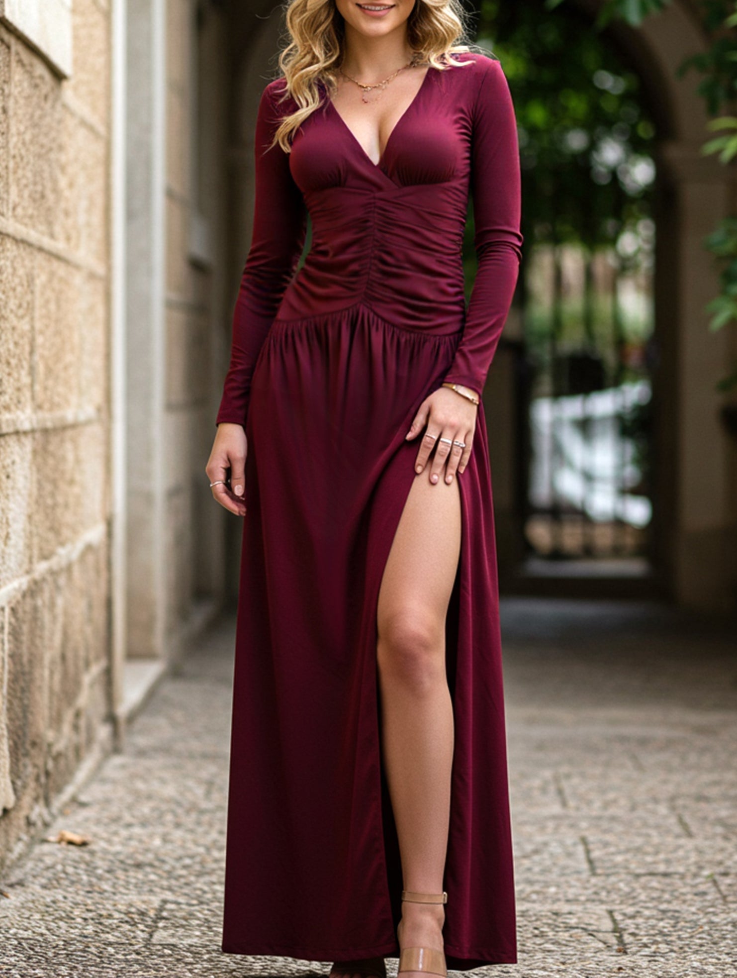 Anna-Berg | Retro Deep V Long Sleeve Dress