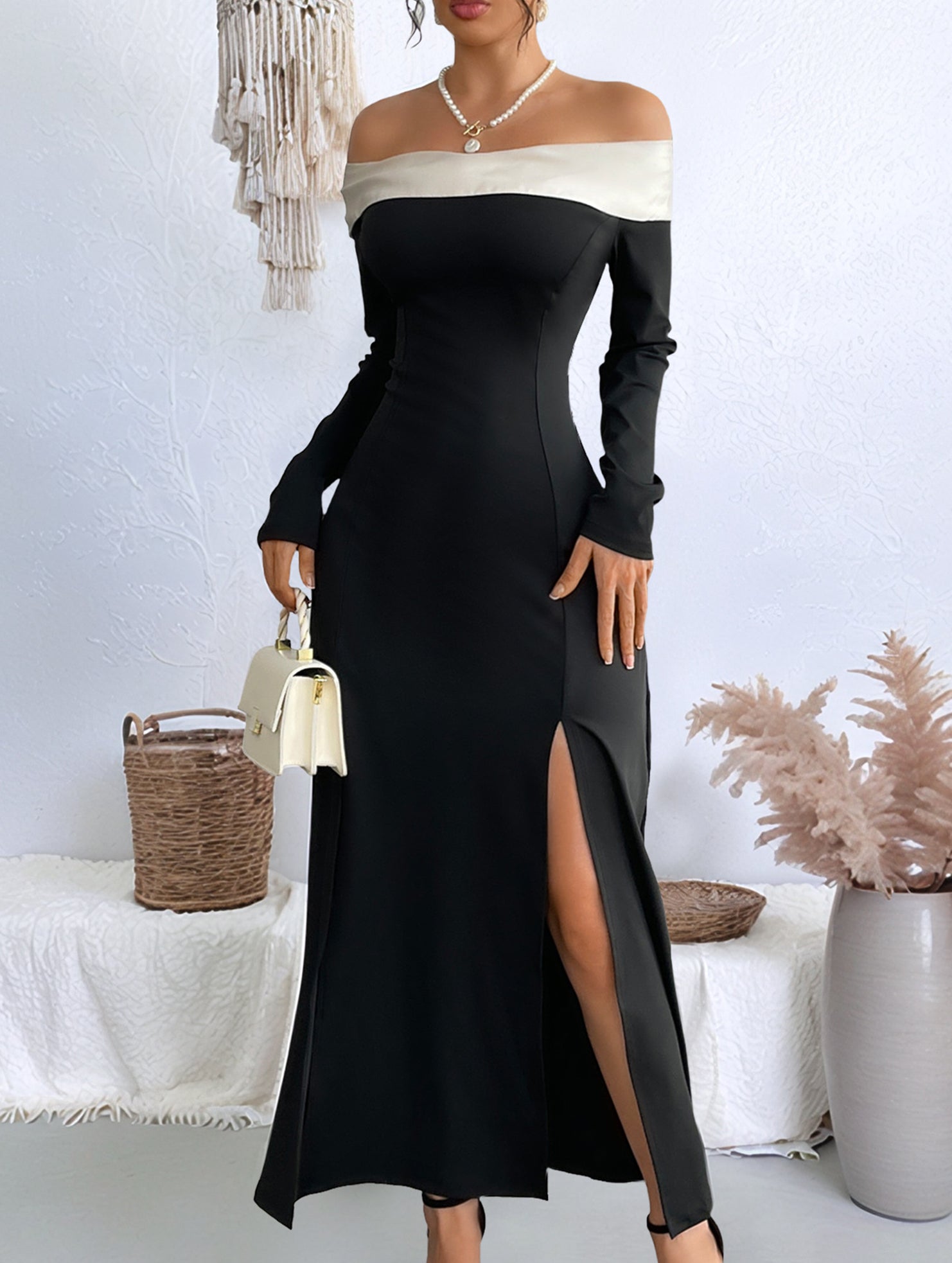 Anna-Berg | Off-The-Shoulder Color-Block Slit Dress
