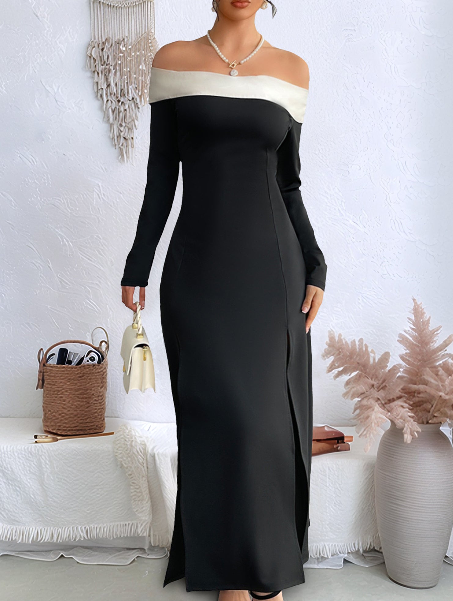 Anna-Berg | Off-The-Shoulder Color-Block Slit Dress