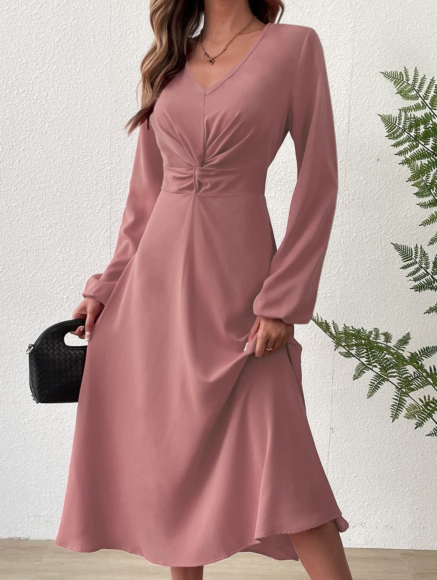 Anna-Berg | Fashionable V-Neck Lantern Long-Sleeved Dress