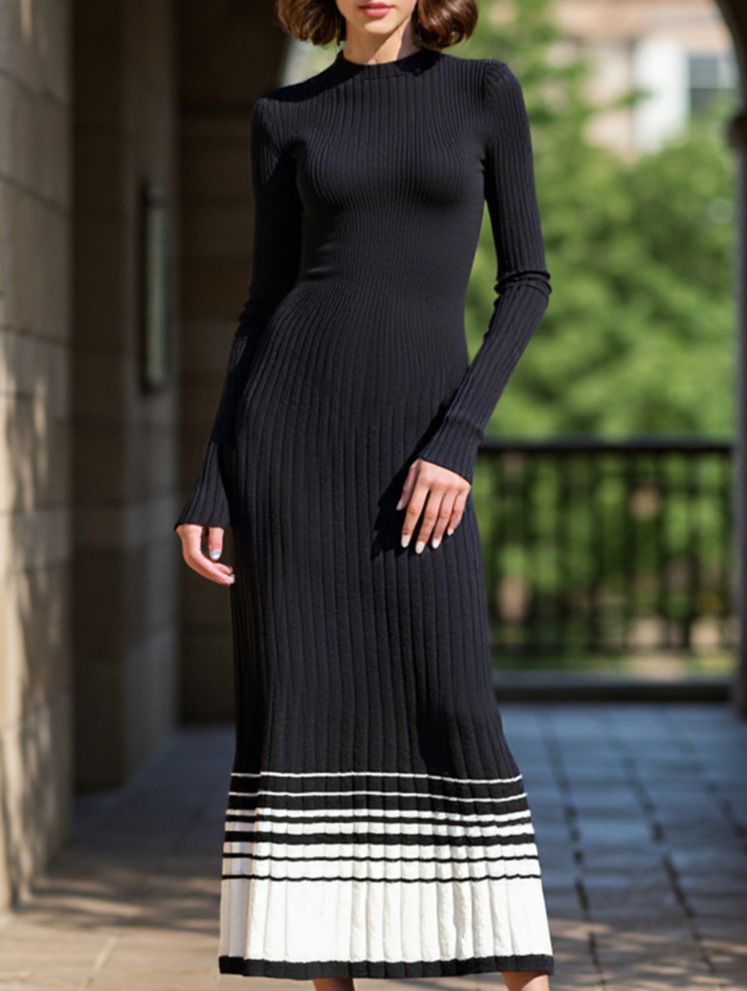 Anna-Berg | Pleated Black And White Striped Dress