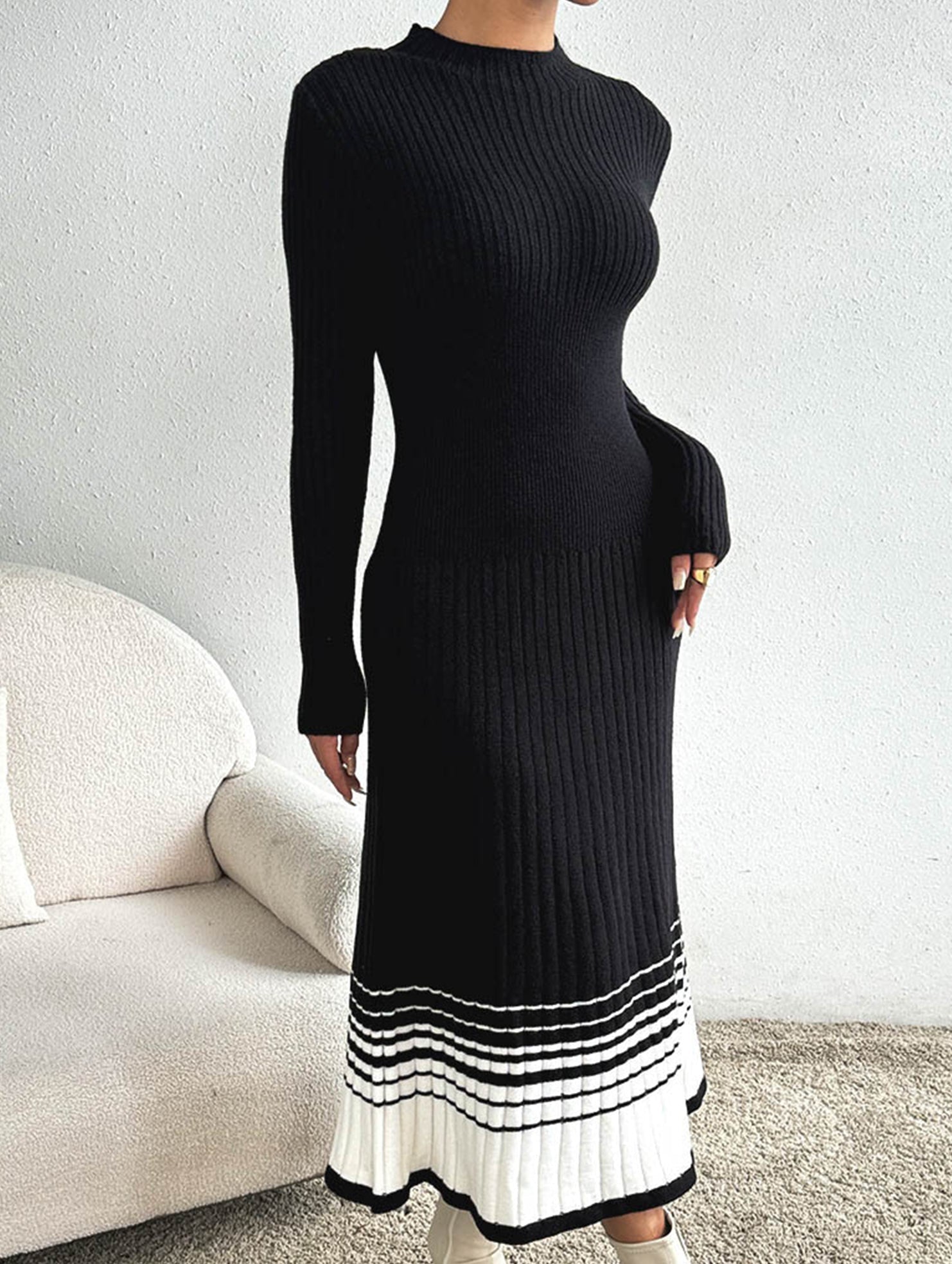 Anna-Berg | Pleated Black And White Striped Dress