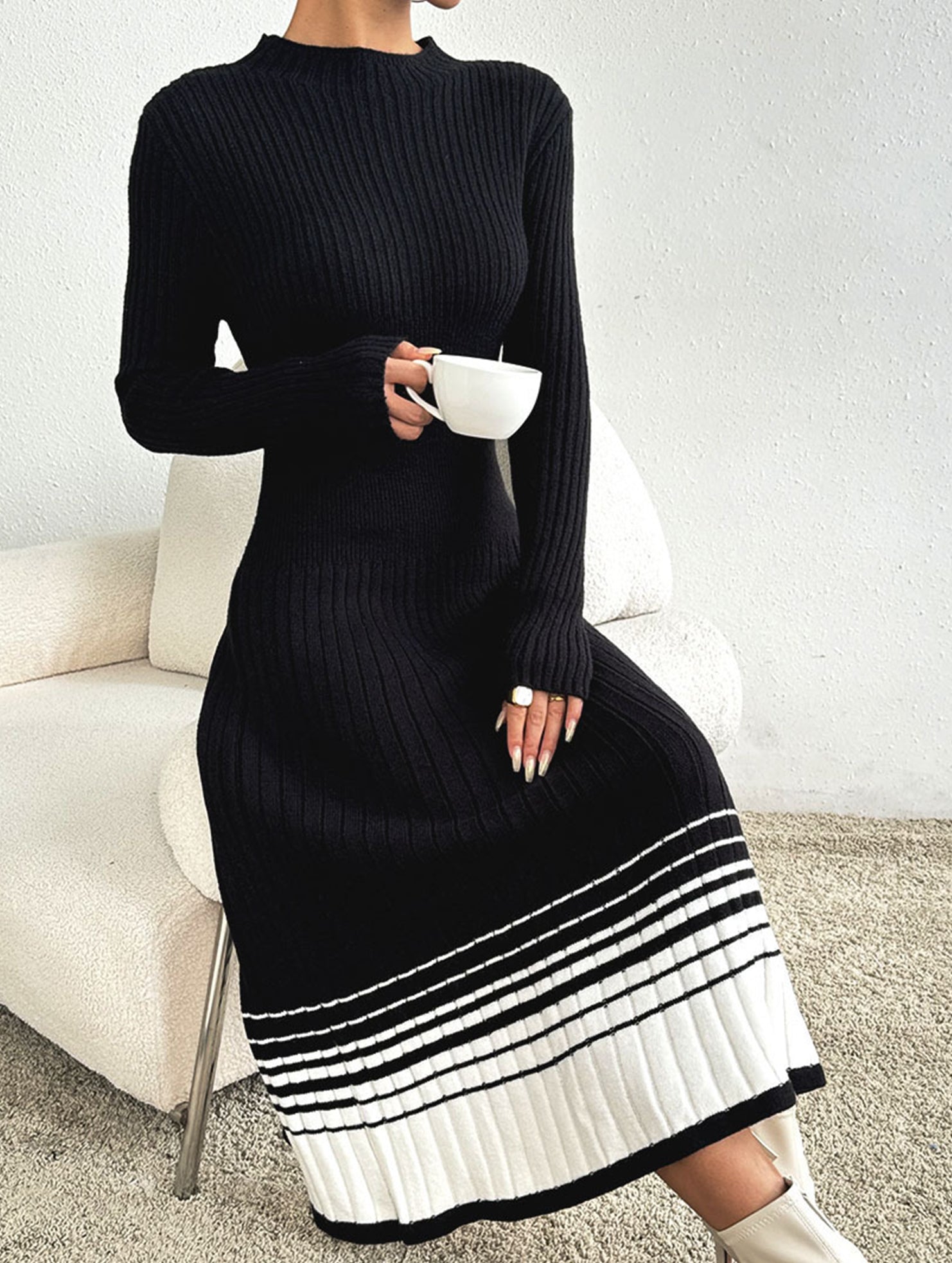Anna-Berg | Pleated Black And White Striped Dress