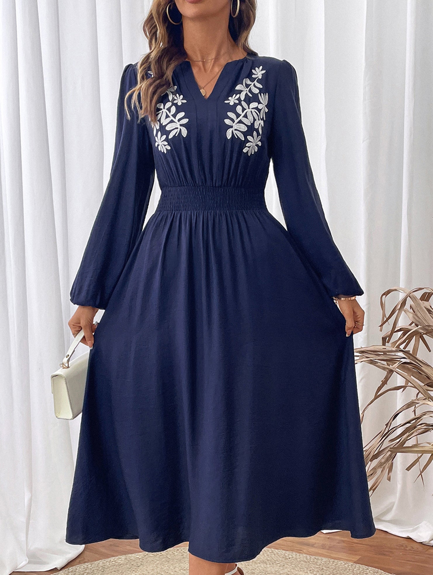 Anna-Berg | Waist V-Neck Blue Embroidered Dress