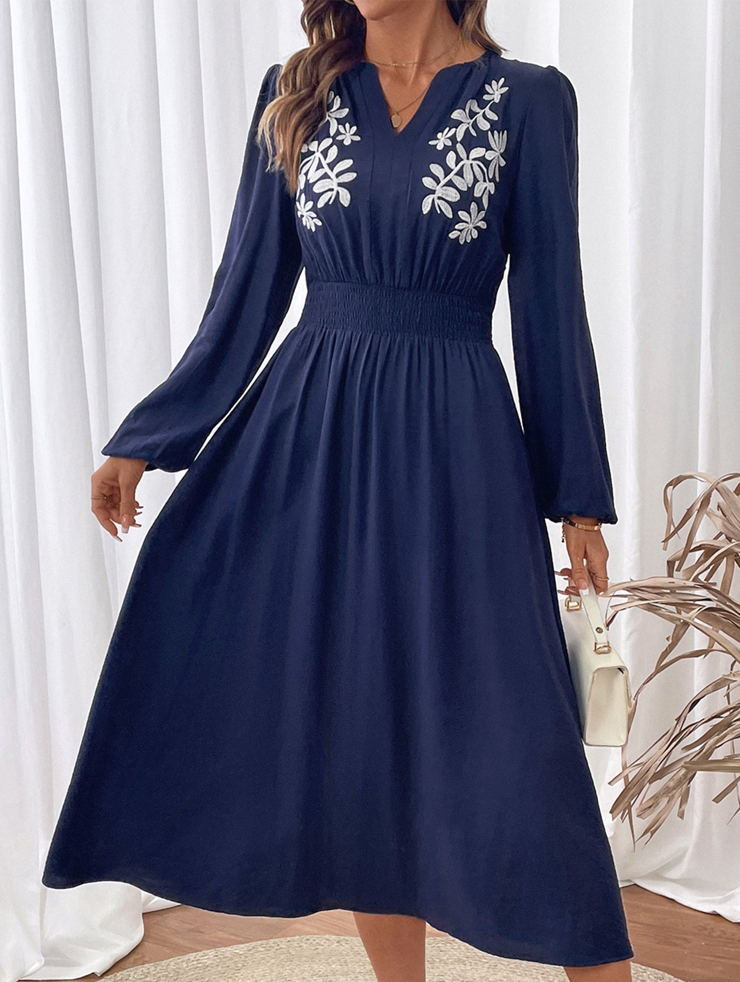 Anna-Berg | Waist V-Neck Blue Embroidered Dress