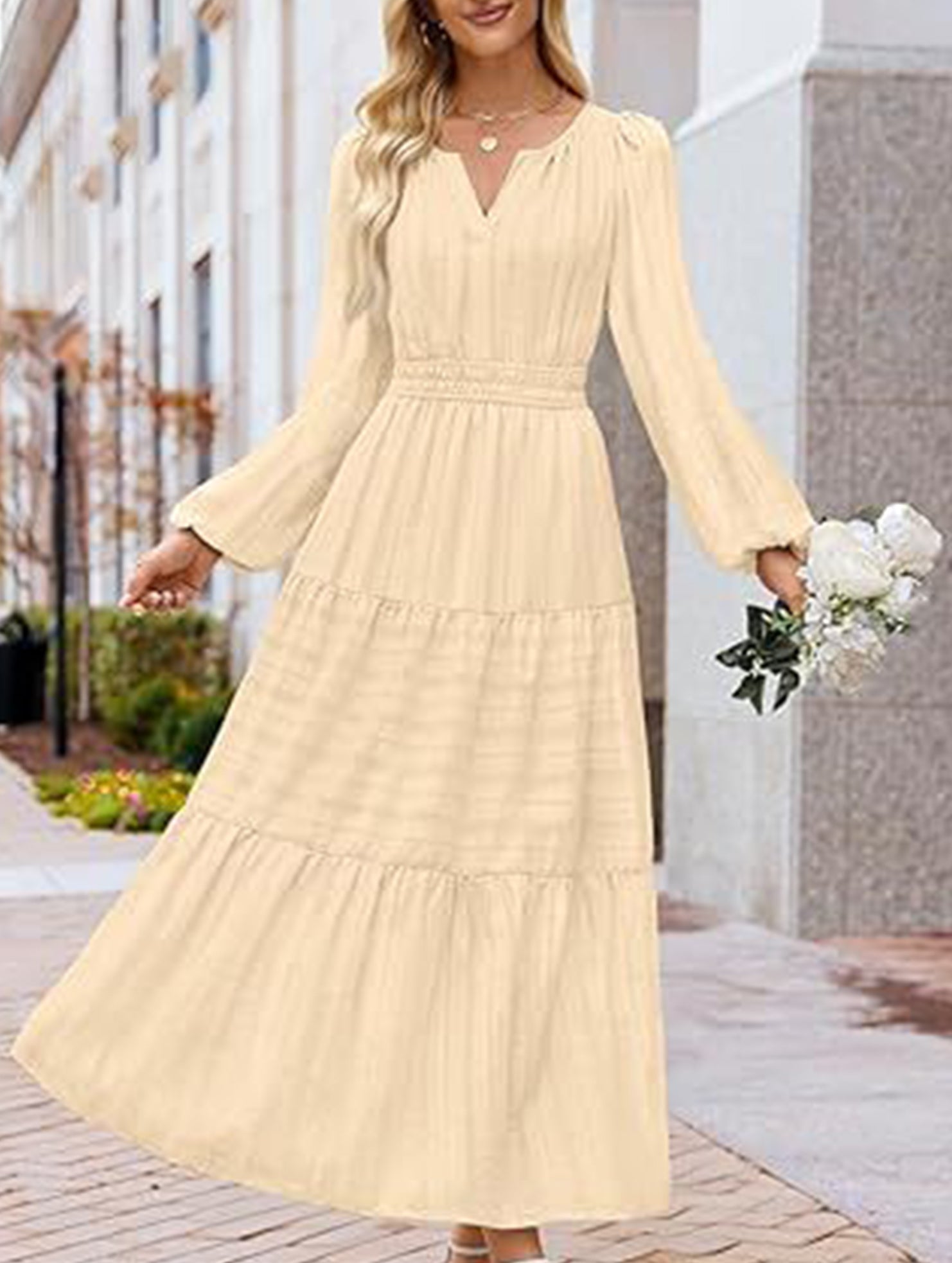 Anna-Berg | V-Neck Pleated Waist Tiered Long-Sleeved Dress