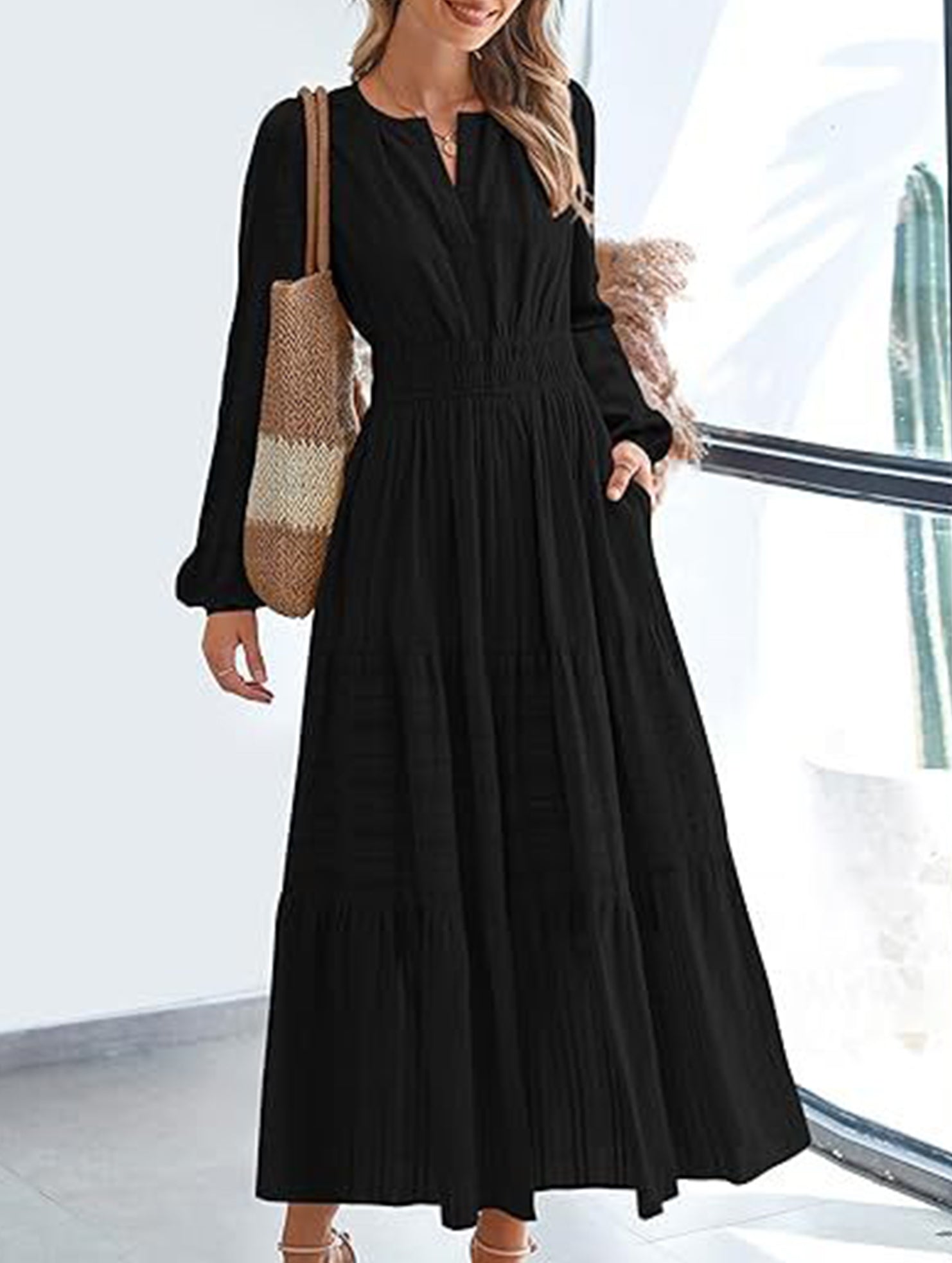 Anna-Berg | V-Neck Pleated Waist Tiered Long-Sleeved Dress