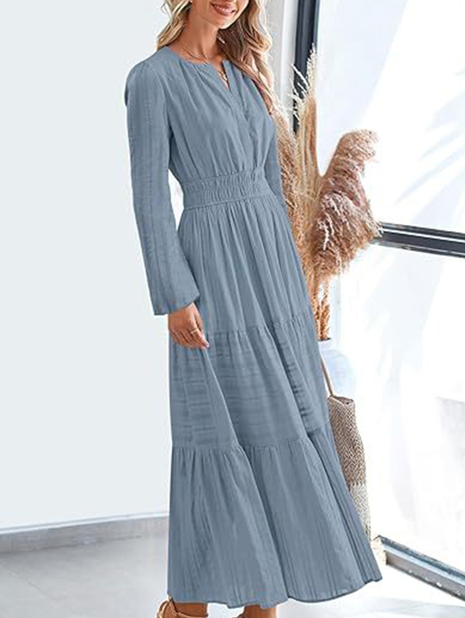 Anna-Berg | V-Neck Pleated Waist Tiered Long-Sleeved Dress
