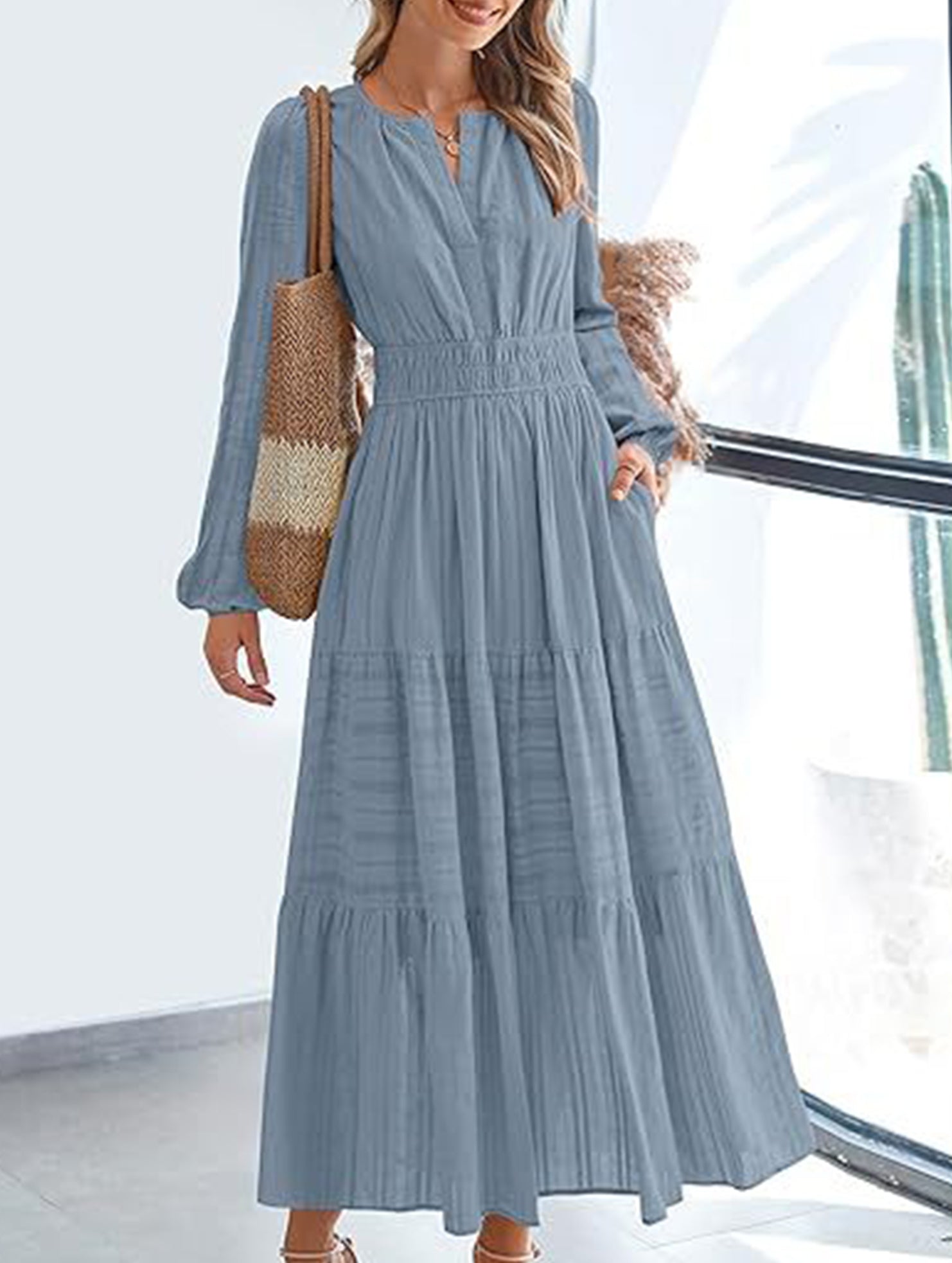 Anna-Berg | V-Neck Pleated Waist Tiered Long-Sleeved Dress