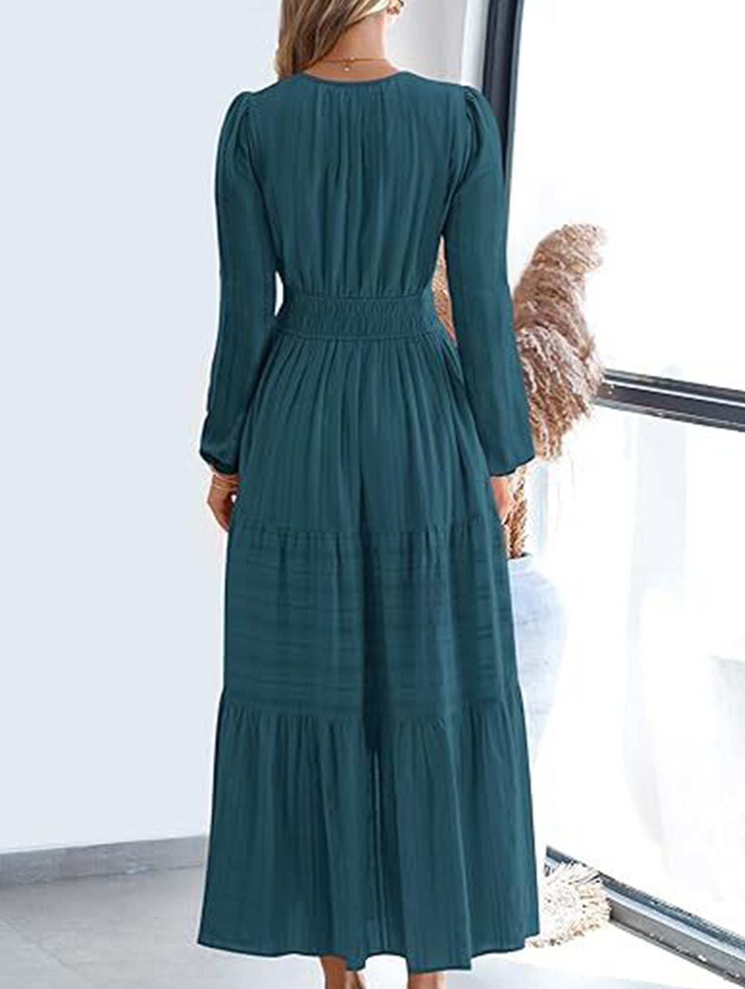 Anna-Berg | V-Neck Pleated Waist Tiered Long-Sleeved Dress