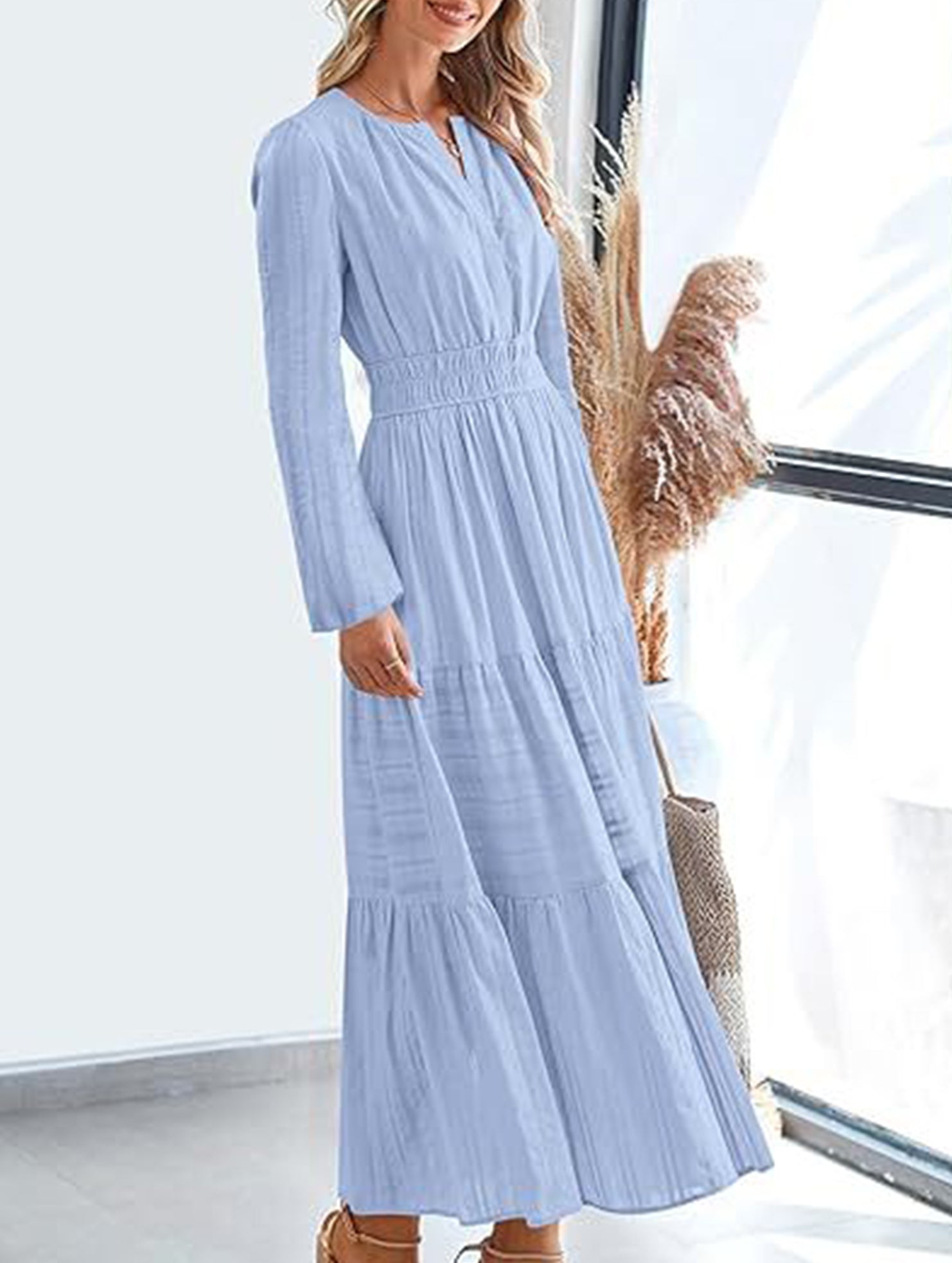 Anna-Berg | V-Neck Pleated Waist Tiered Long-Sleeved Dress