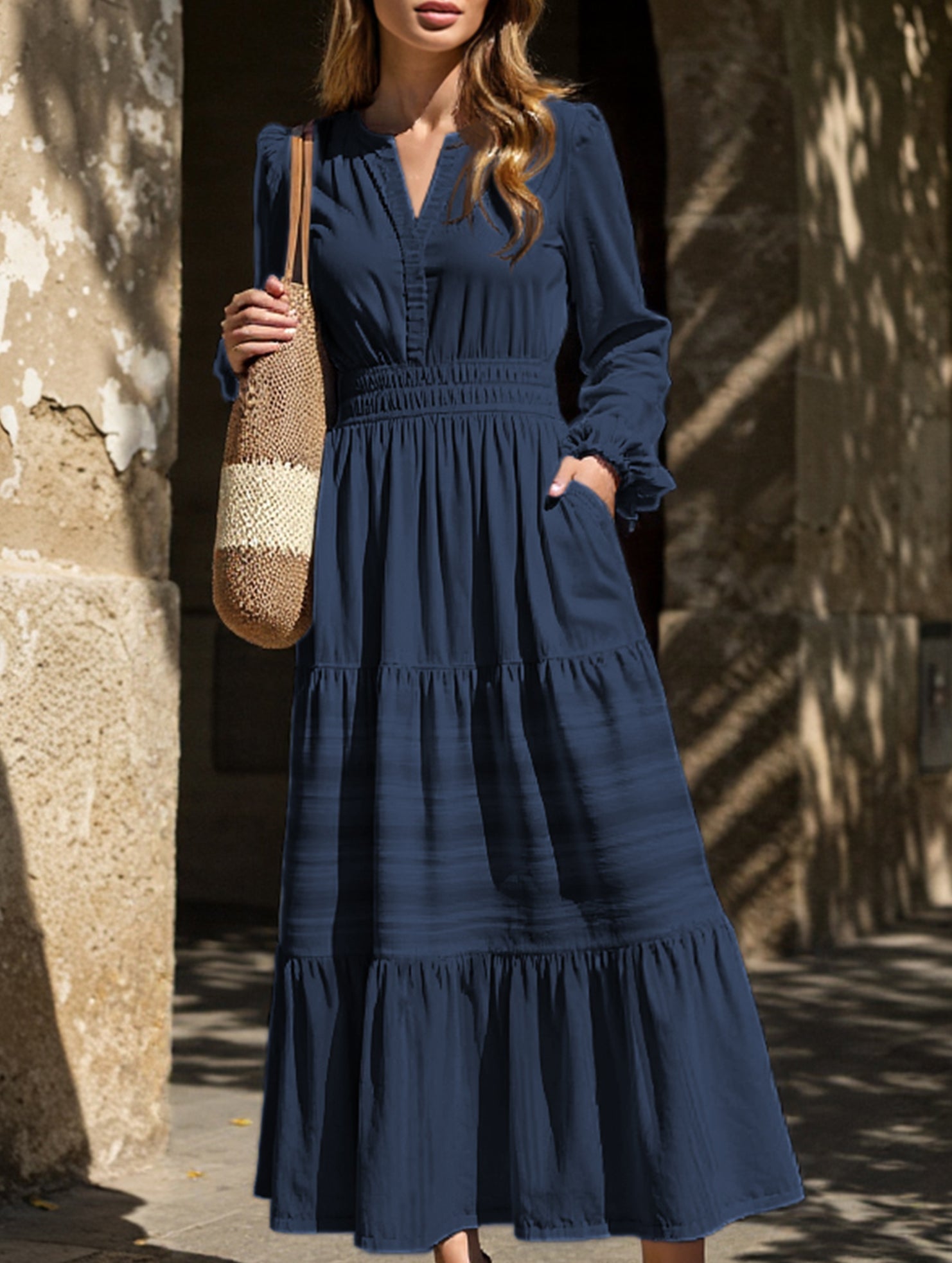 Anna-Berg | V-Neck Pleated Waist Tiered Long-Sleeved Dress