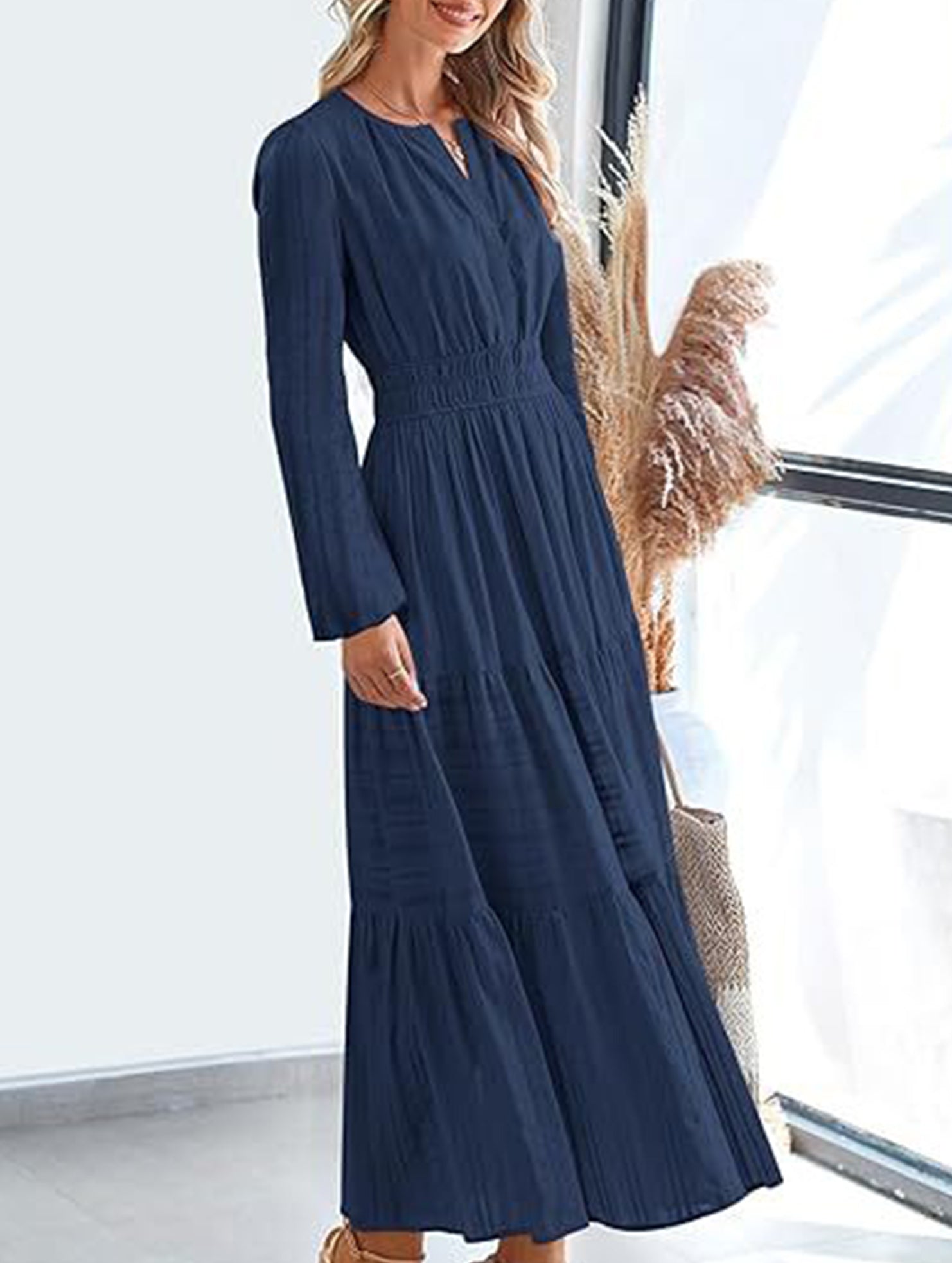 Anna-Berg | V-Neck Pleated Waist Tiered Long-Sleeved Dress