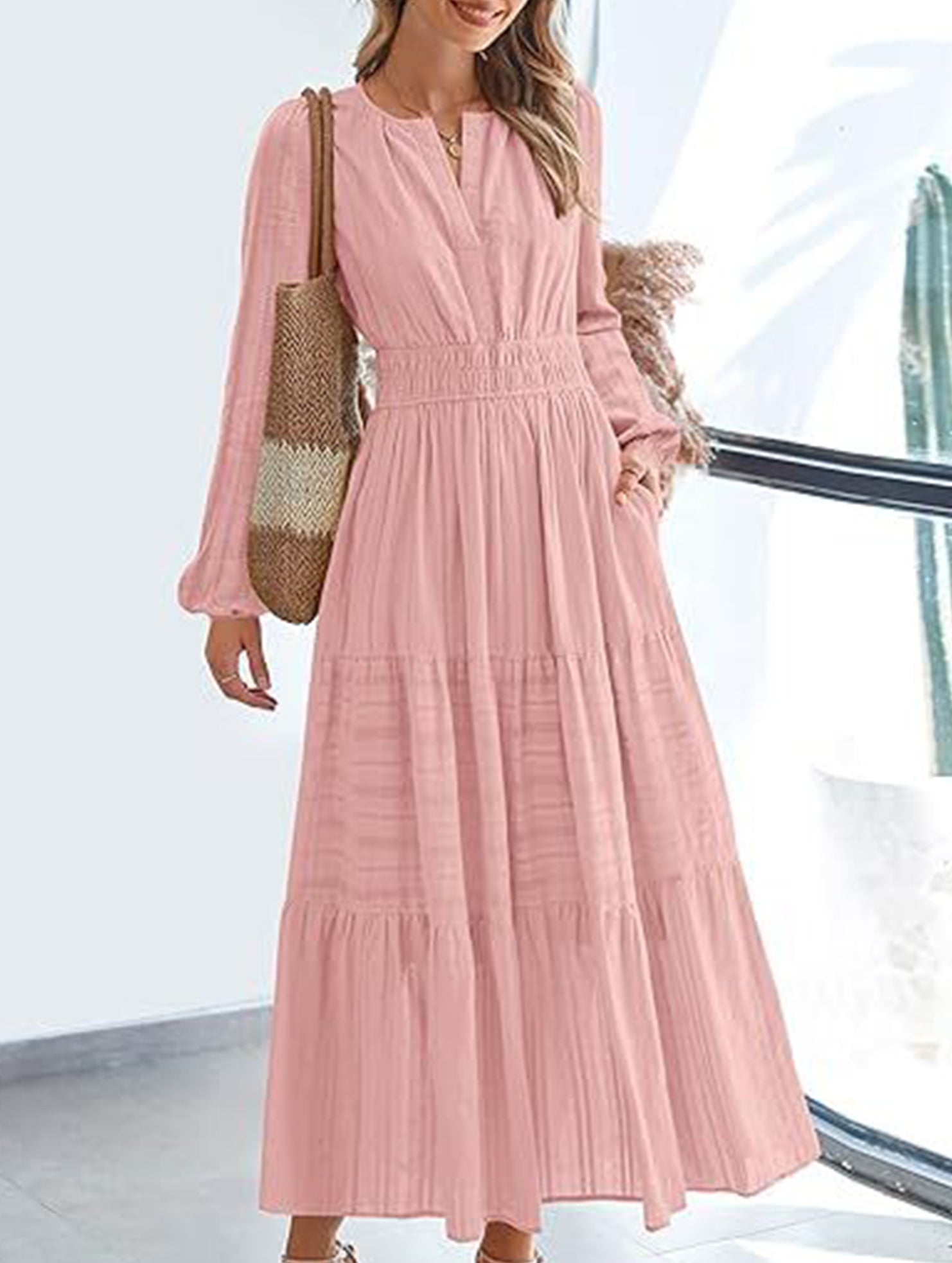 Anna-Berg | V-Neck Pleated Waist Tiered Long-Sleeved Dress