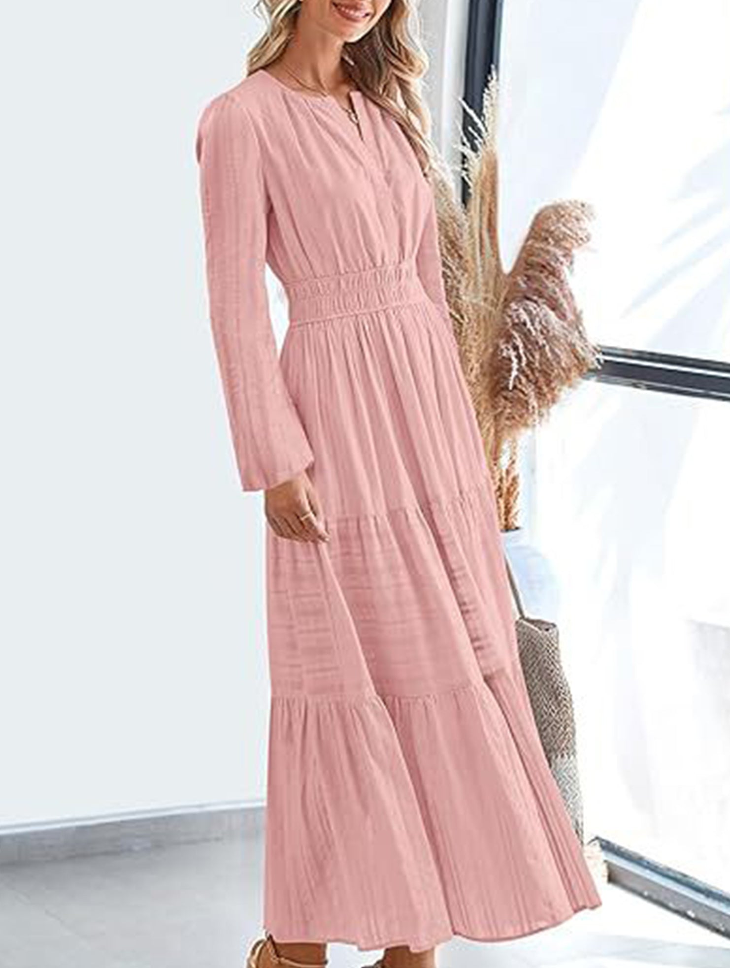 Anna-Berg | V-Neck Pleated Waist Tiered Long-Sleeved Dress