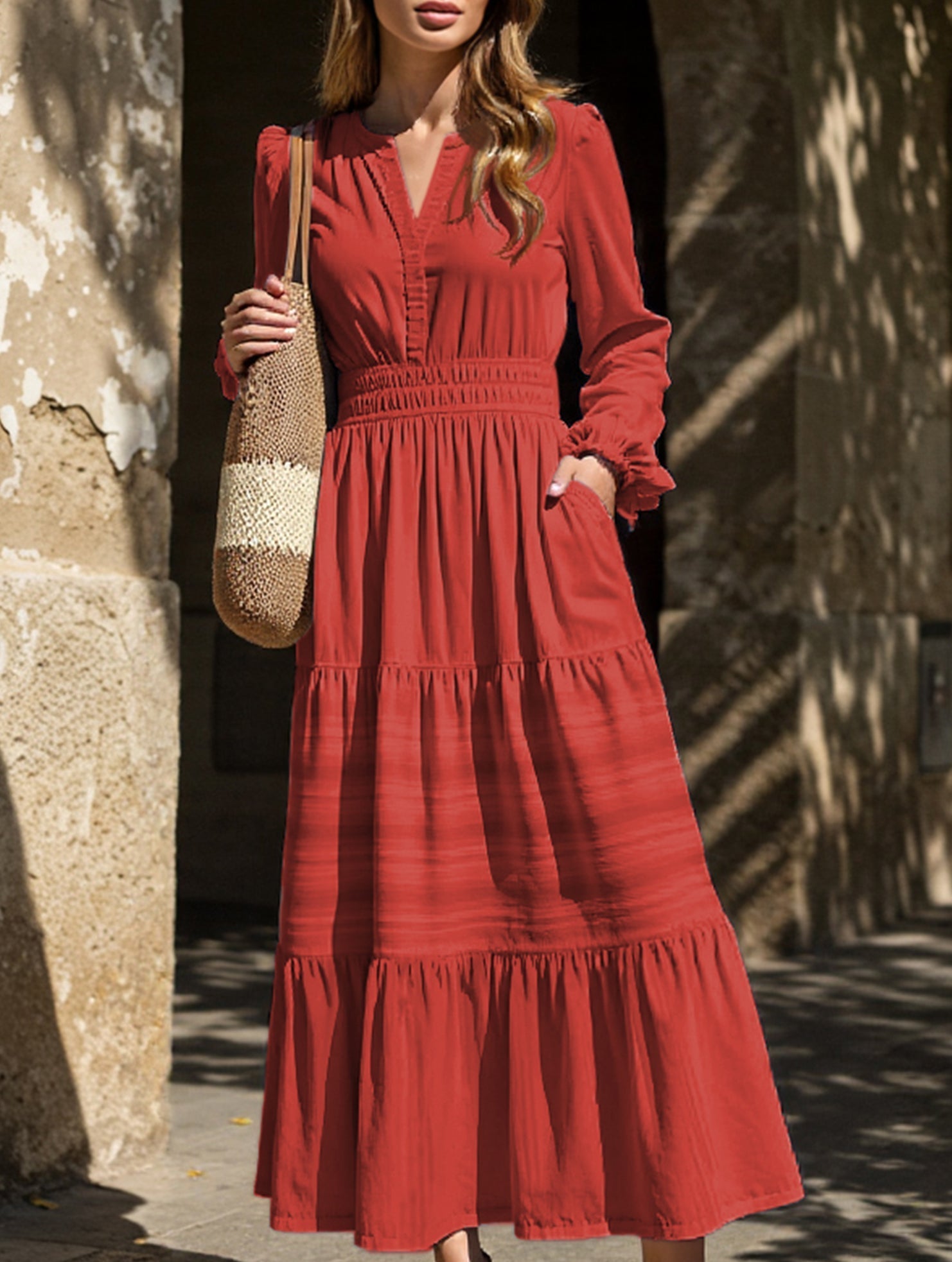 Anna-Berg | V-Neck Pleated Waist Tiered Long-Sleeved Dress