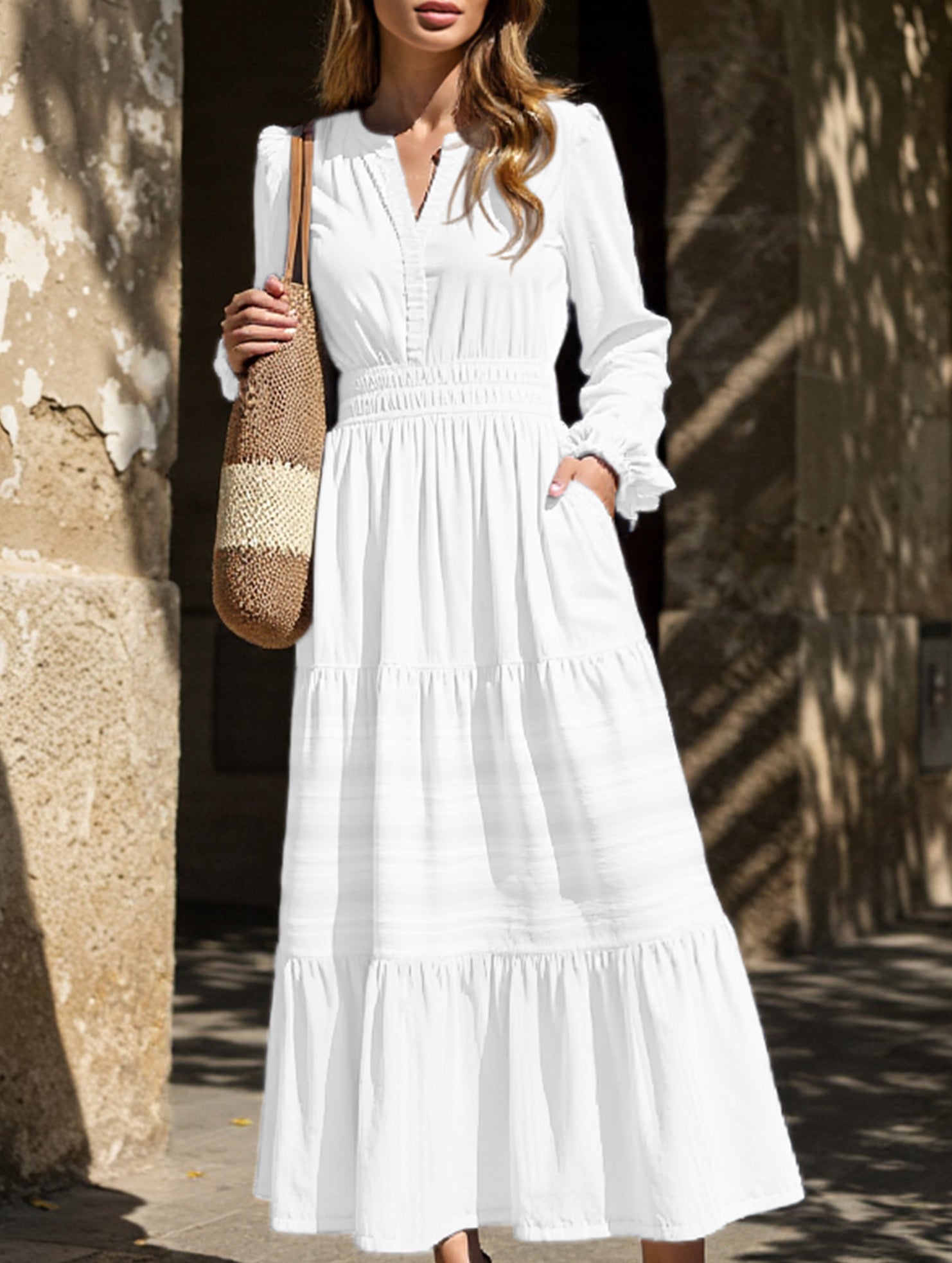 Anna-Berg | V-Neck Pleated Waist Tiered Long-Sleeved Dress
