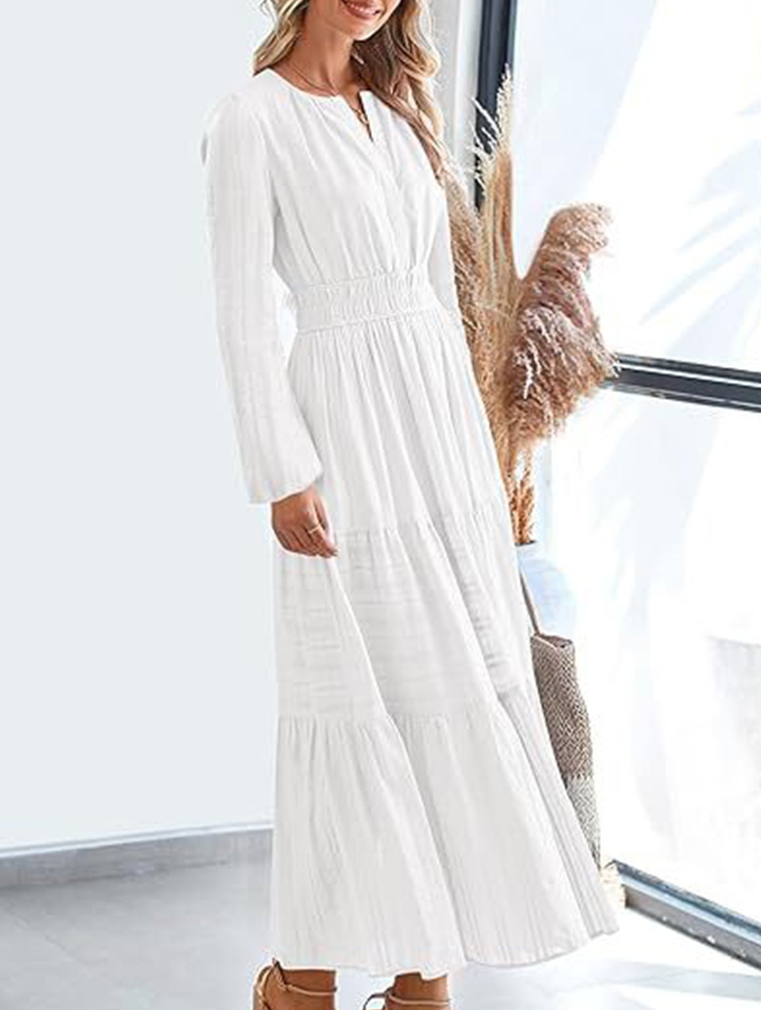 Anna-Berg | V-Neck Pleated Waist Tiered Long-Sleeved Dress