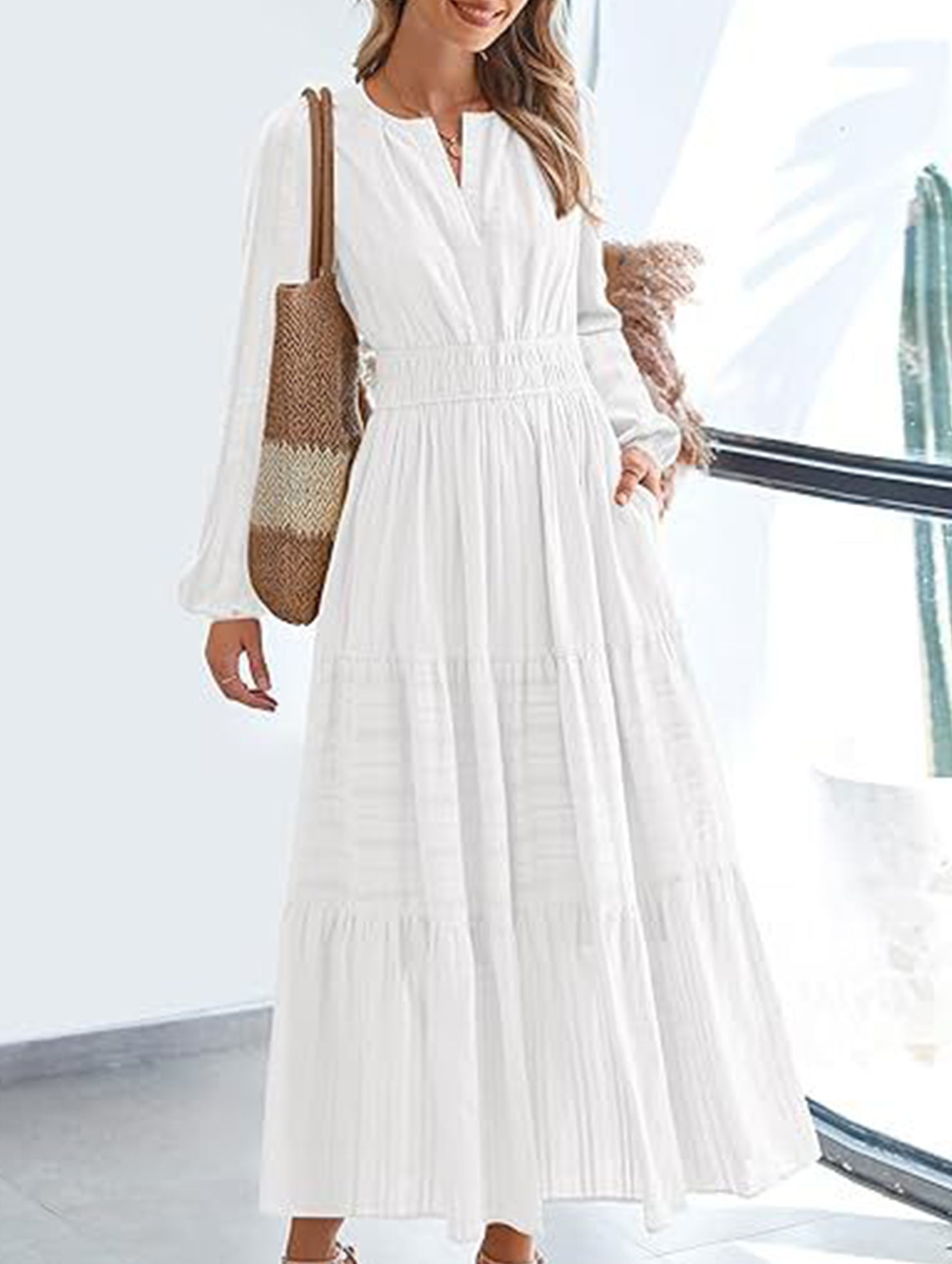 Anna-Berg | V-Neck Pleated Waist Tiered Long-Sleeved Dress