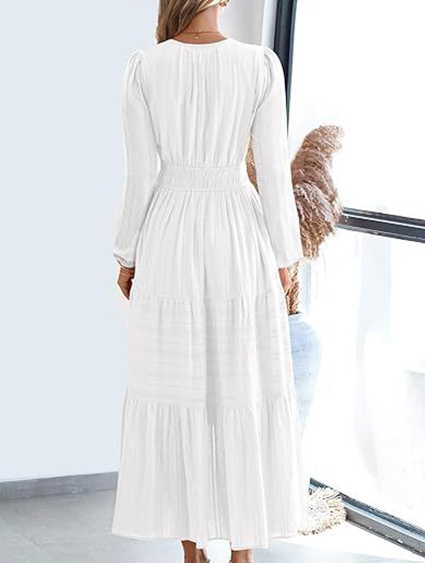 Anna-Berg | V-Neck Pleated Waist Tiered Long-Sleeved Dress
