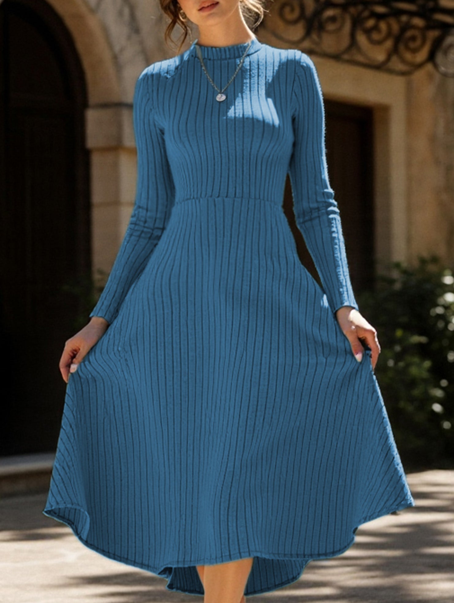 Anna-Berg | Round Neck Brushed Ribbed Long Dress