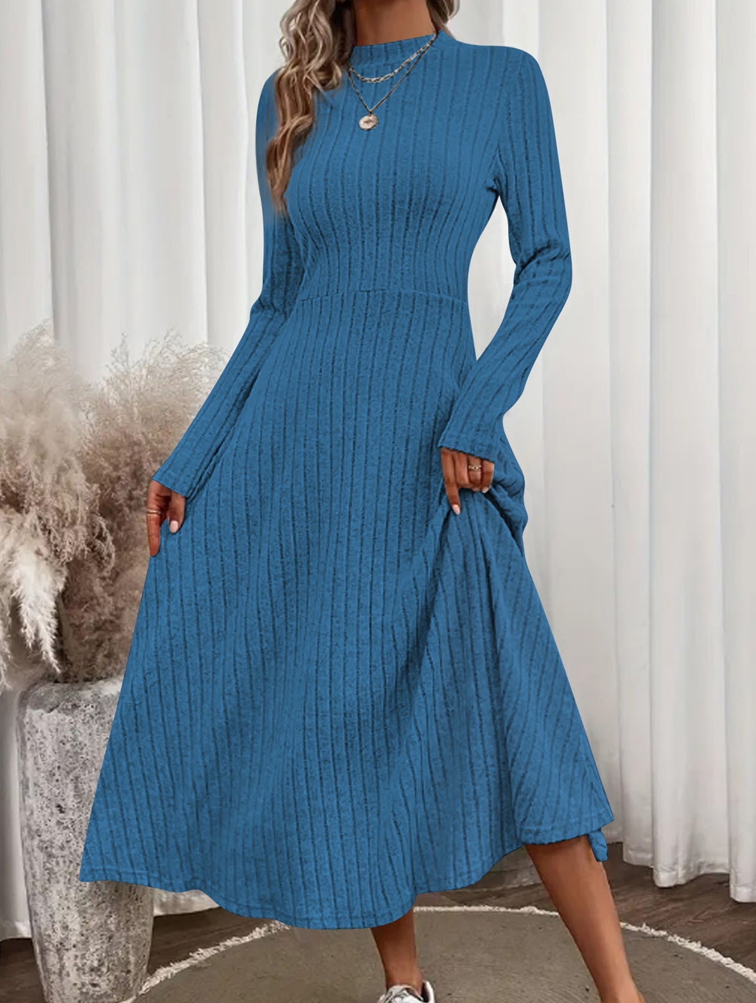 Anna-Berg | Round Neck Brushed Ribbed Long Dress