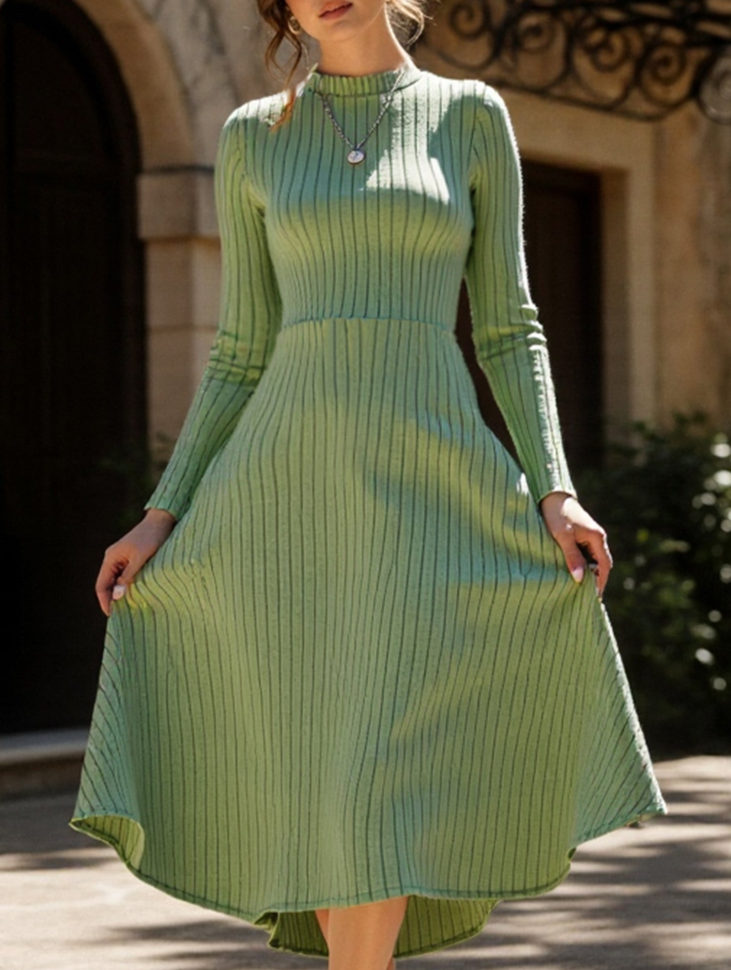 Anna-Berg | Round Neck Brushed Ribbed Long Dress