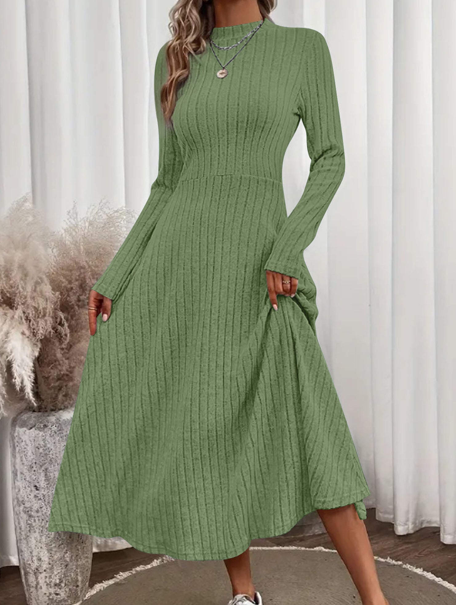 Anna-Berg | Round Neck Brushed Ribbed Long Dress