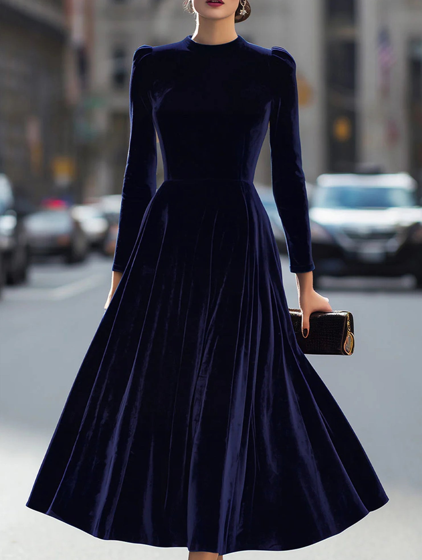 Anna-Berg | New Velvet Round Neck Long-Sleeved Dress