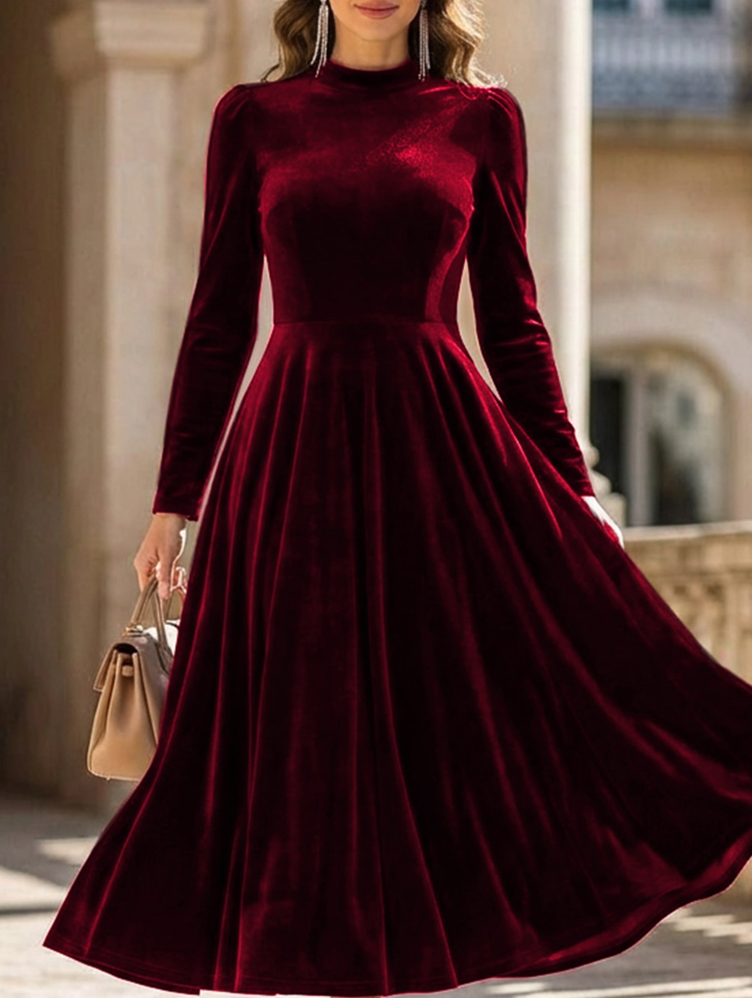 Anna-Berg | New Velvet Round Neck Long-Sleeved Dress