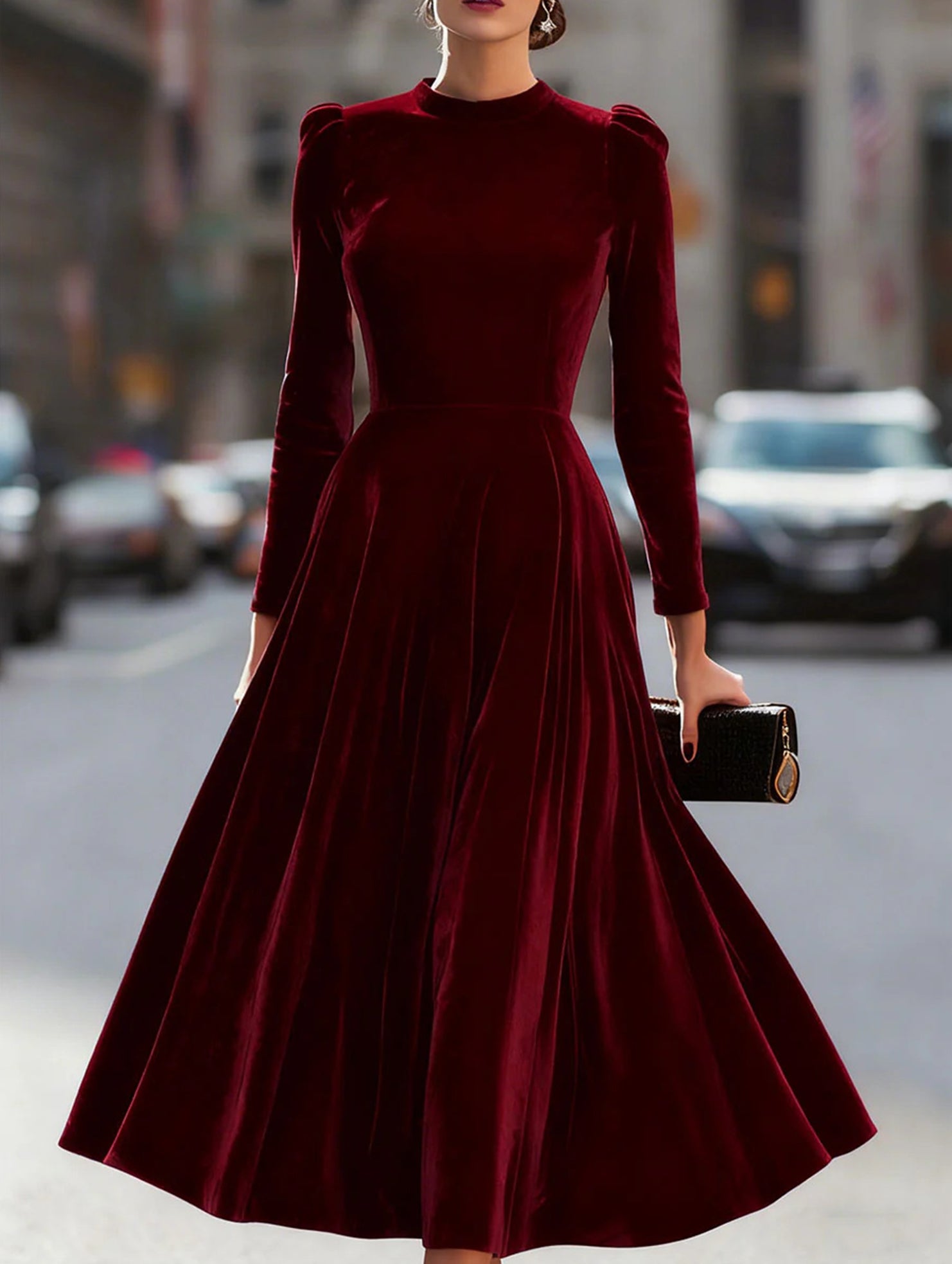 Anna-Berg | New Velvet Round Neck Long-Sleeved Dress