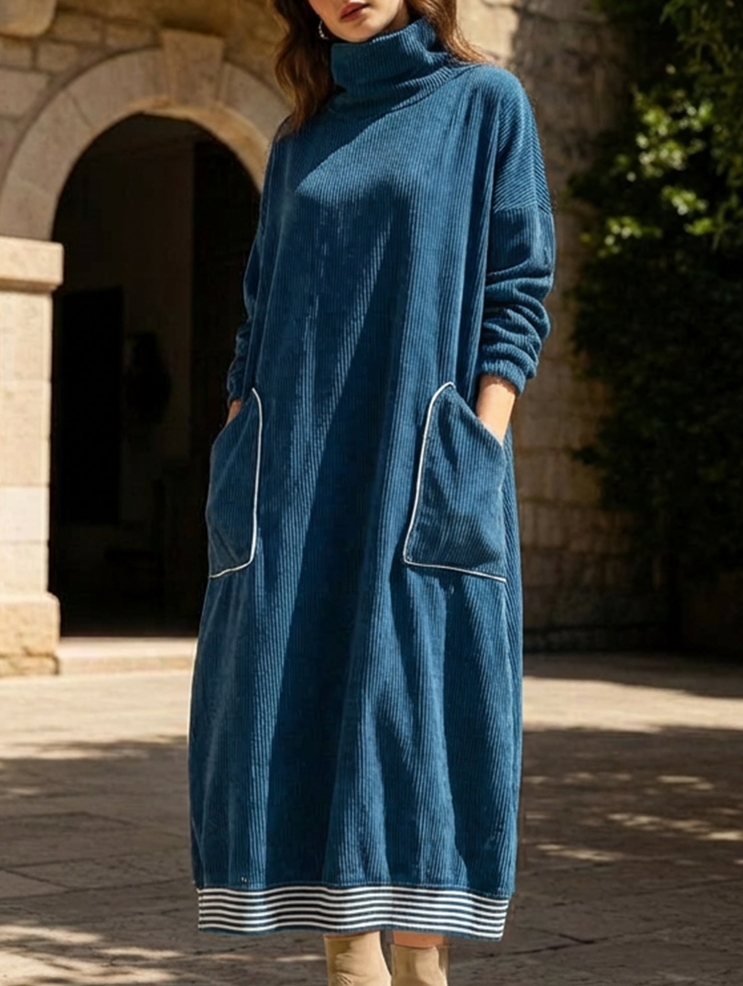 Anna-Berg | Relaxed Style Navy Blue Turtleneck Dress
