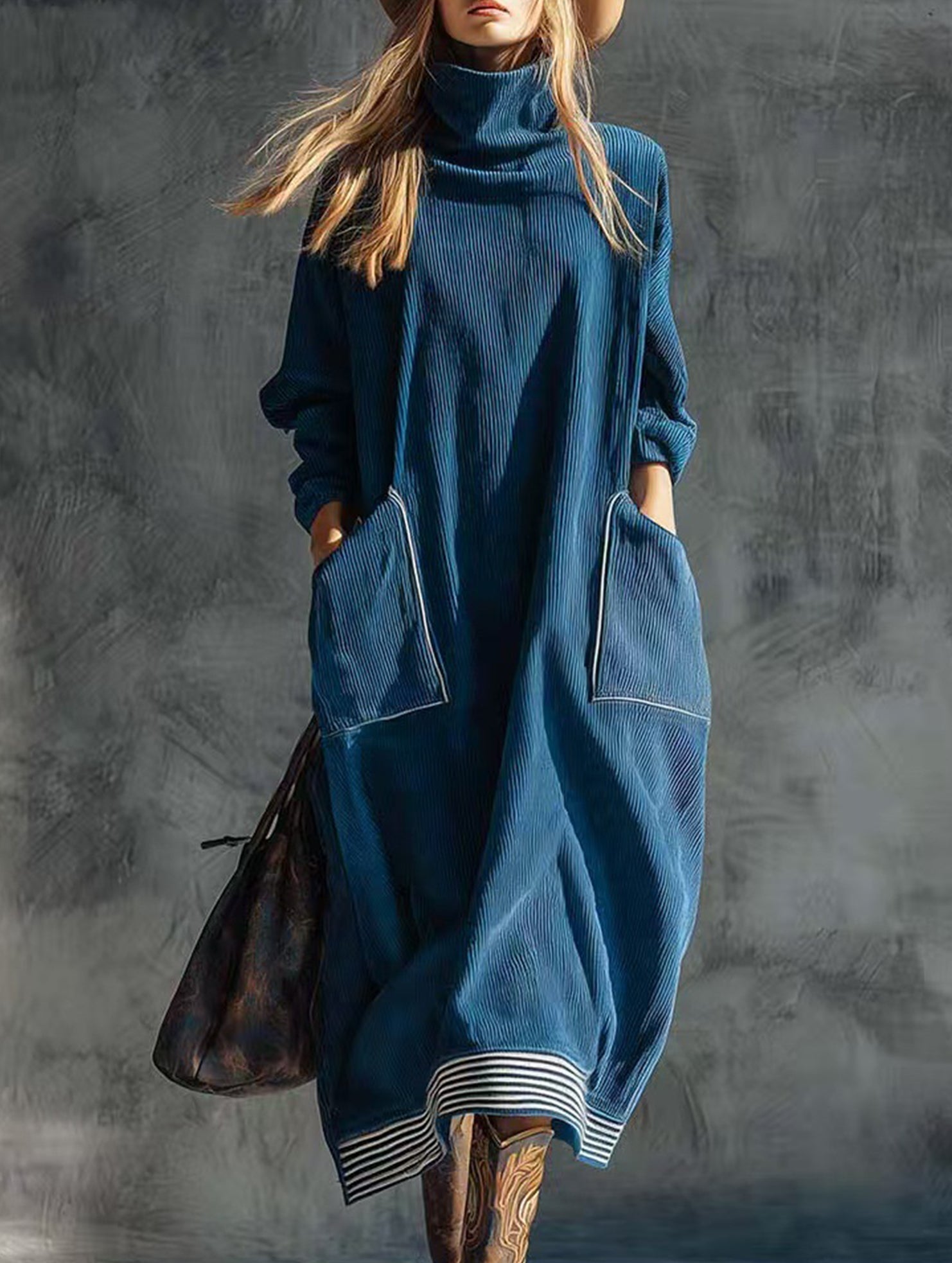 Anna-Berg | Relaxed Style Navy Blue Turtleneck Dress