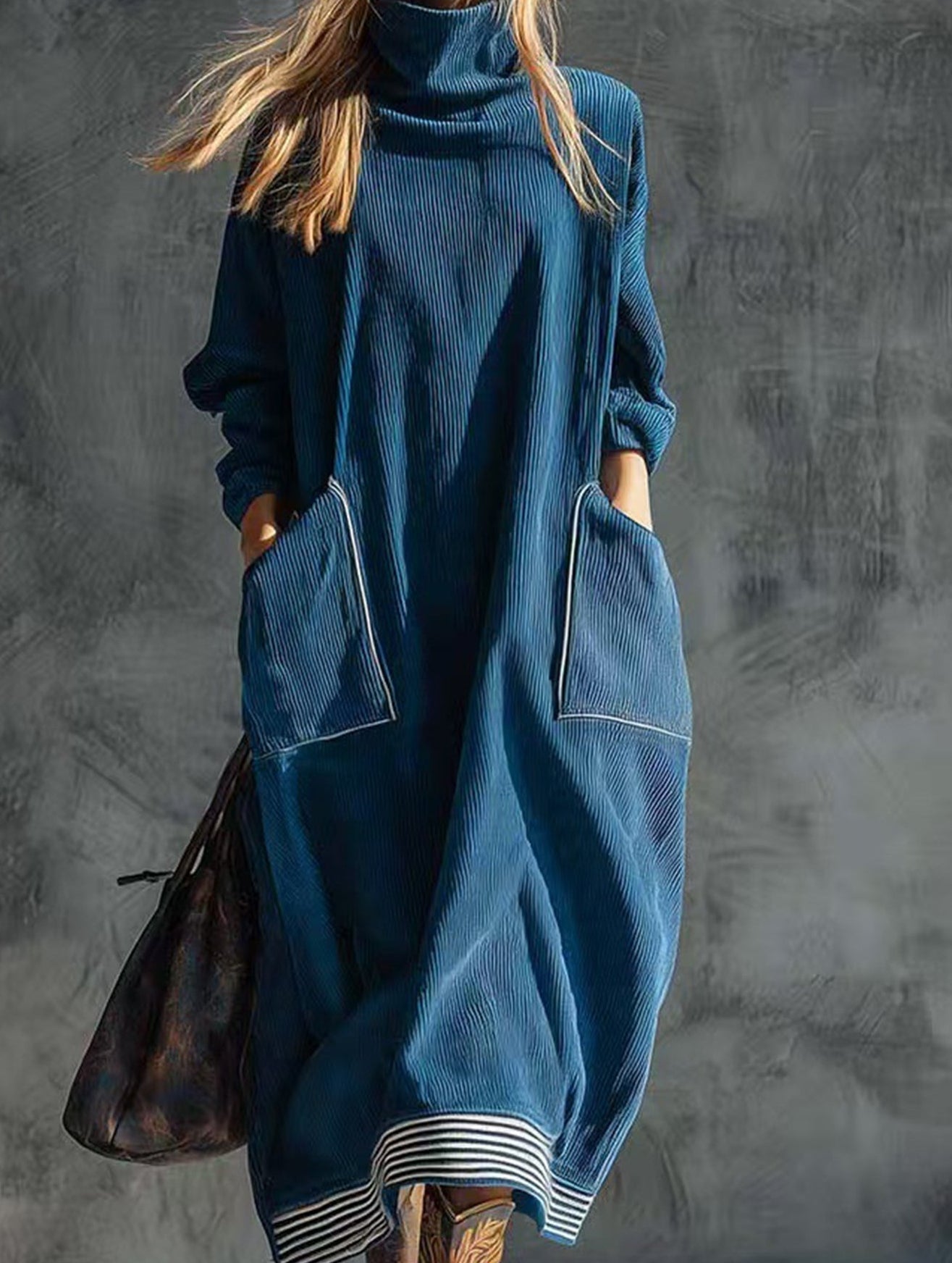 Anna-Berg | Relaxed Style Navy Blue Turtleneck Dress