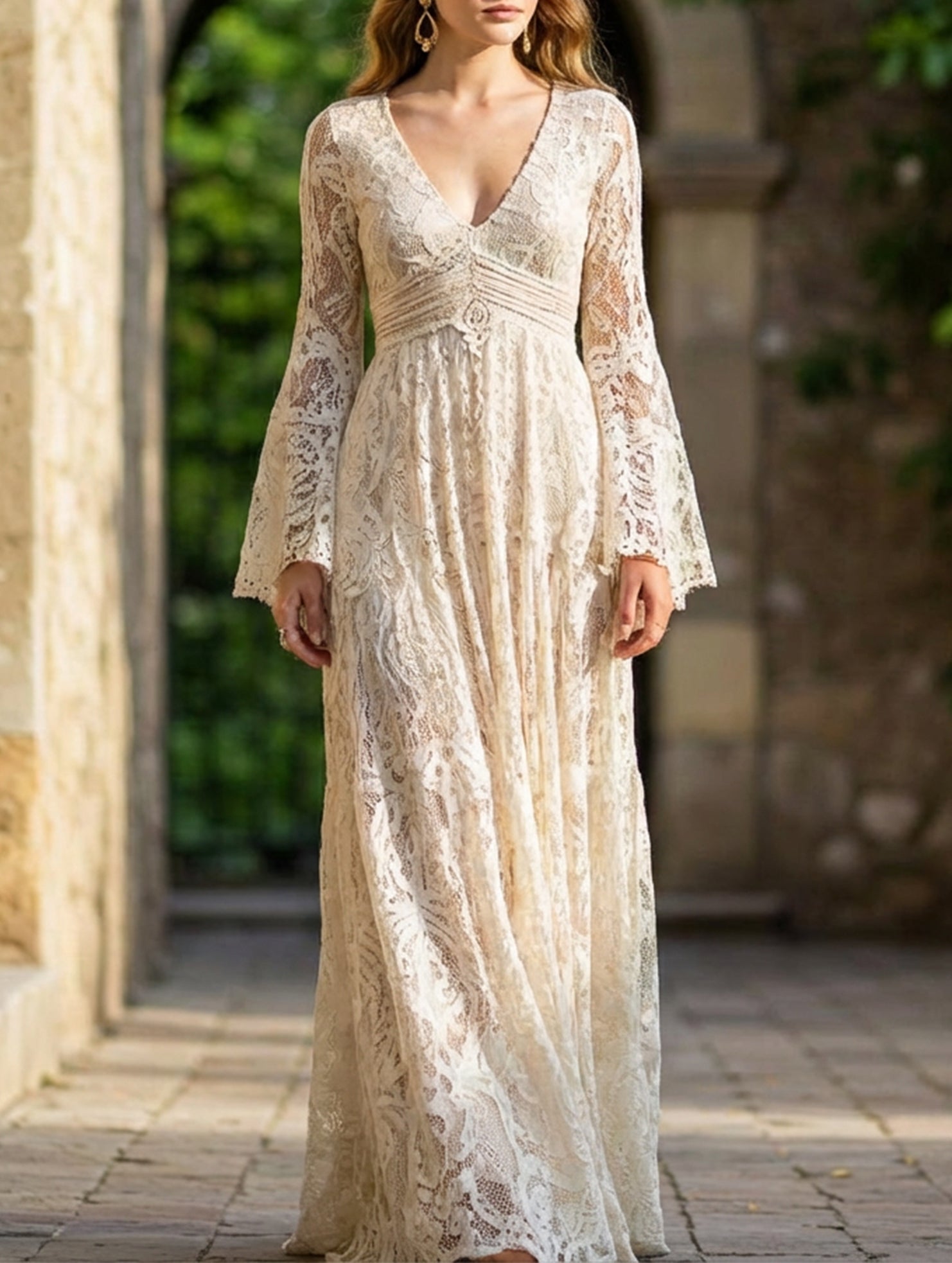 Anna-Berg | Resort-Style Lace Bell-Sleeve Long Dress