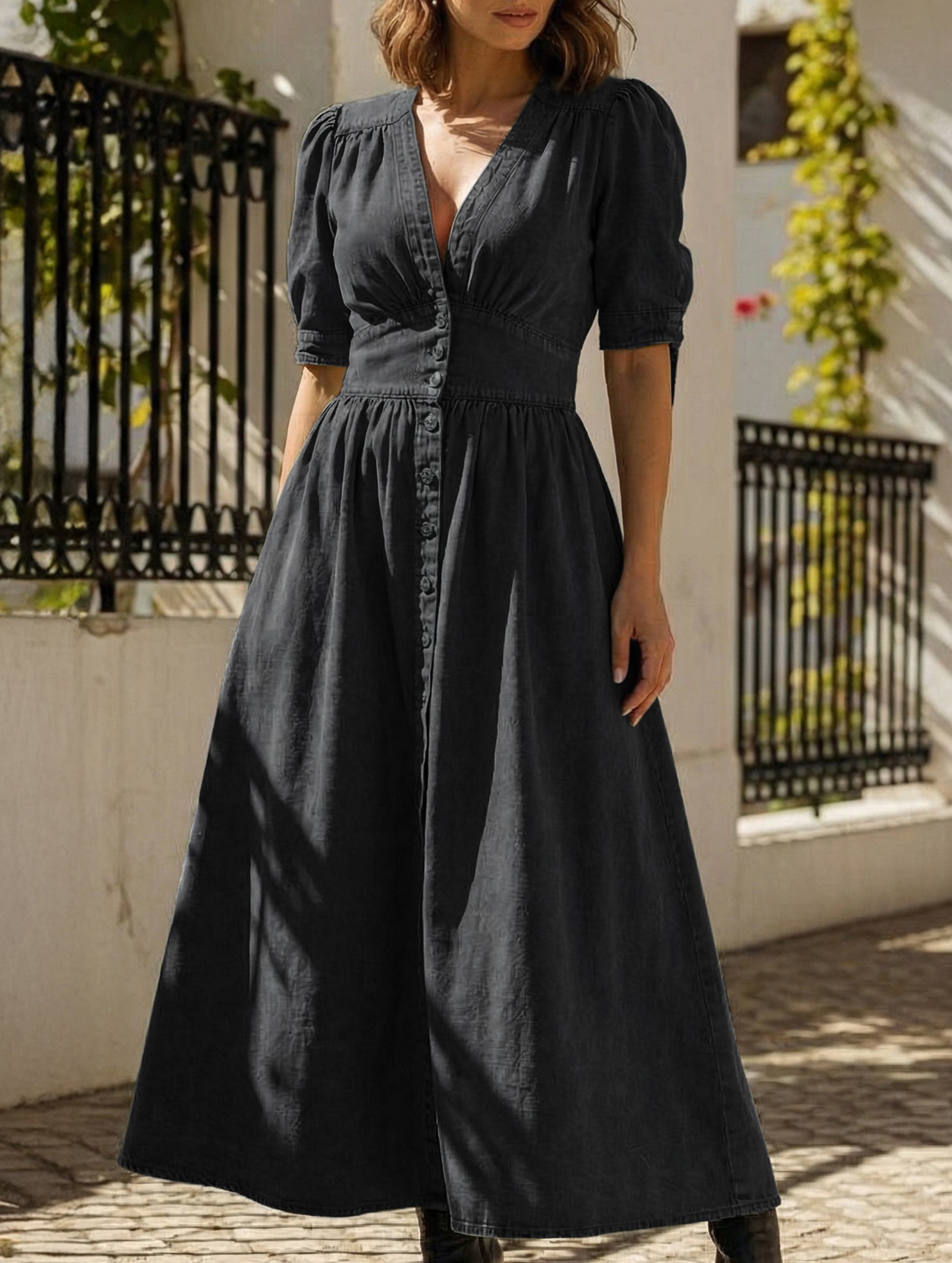 Anna-Berg | Stylish Deep V-Neck Fitted Shirt Dress