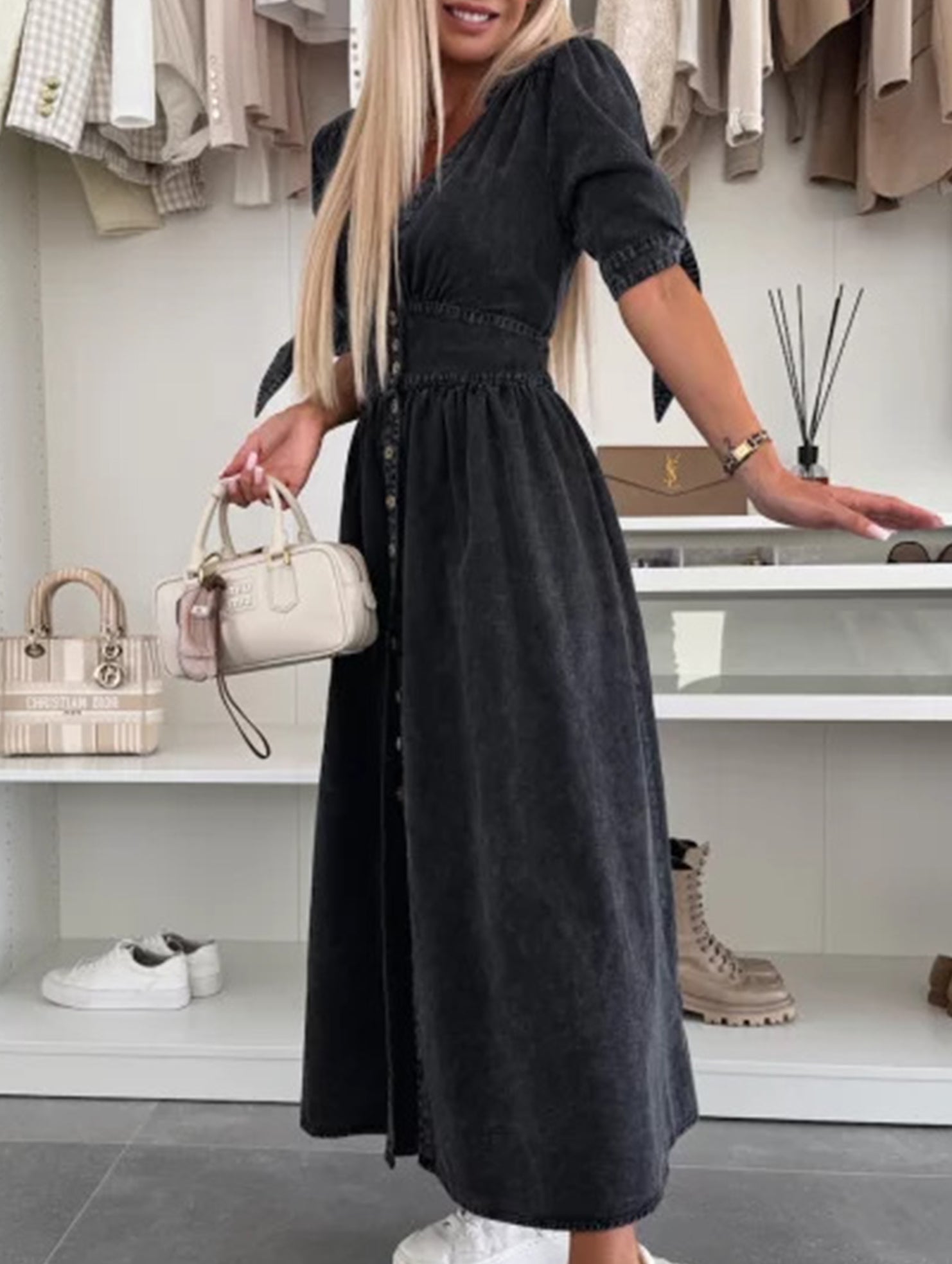 Anna-Berg | Stylish Deep V-Neck Fitted Shirt Dress
